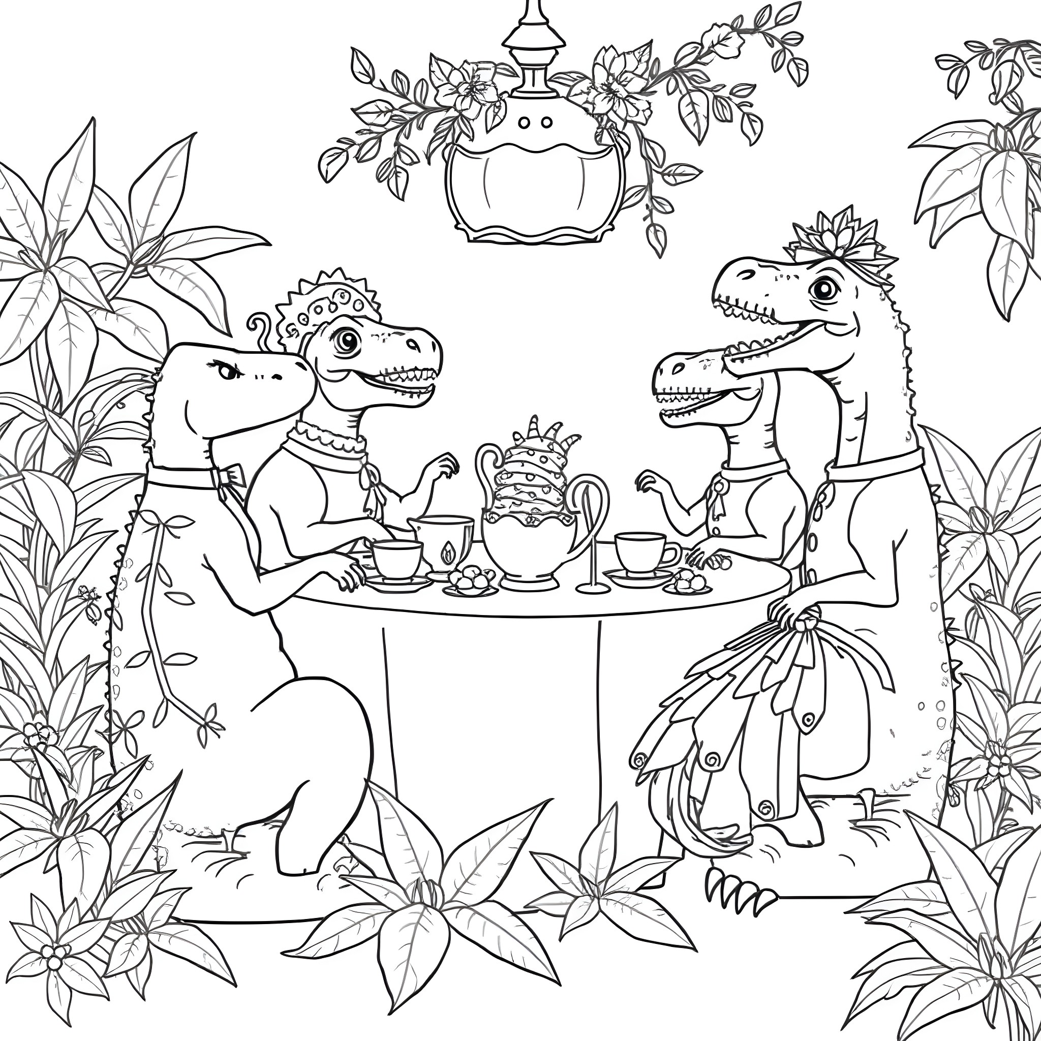Dinosaurs having a tea party in the jungle Coloring Page (free black-and-white line drawing printable PDF for all, from beginners to advanced learners, including children, teens, adults, and seniors)