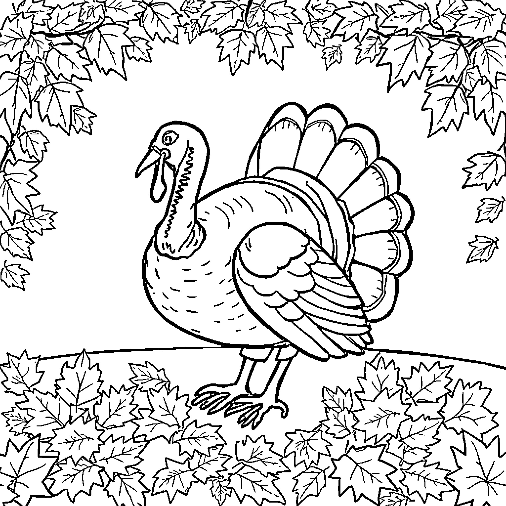 Turkey surrounded by autumn leaves Coloring Page (free black-and-white line drawing printable PDF for all, from beginners to advanced learners, including children, teens, adults, and seniors)
