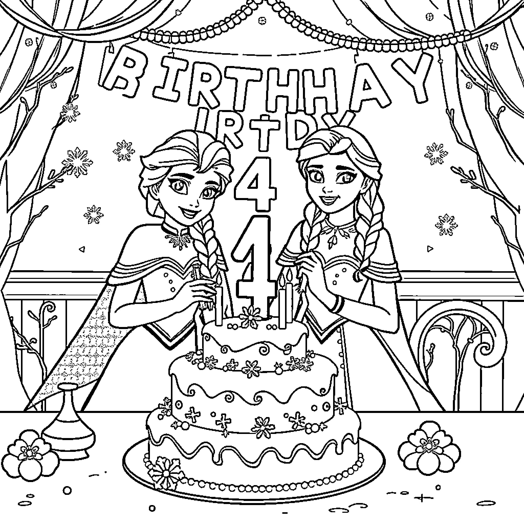 Elsa and Anna Celebrate a Birthday Party Coloring Page (free black-and-white line drawing printable PDF for all, from beginners to advanced learners, including children, teens, adults, and seniors)