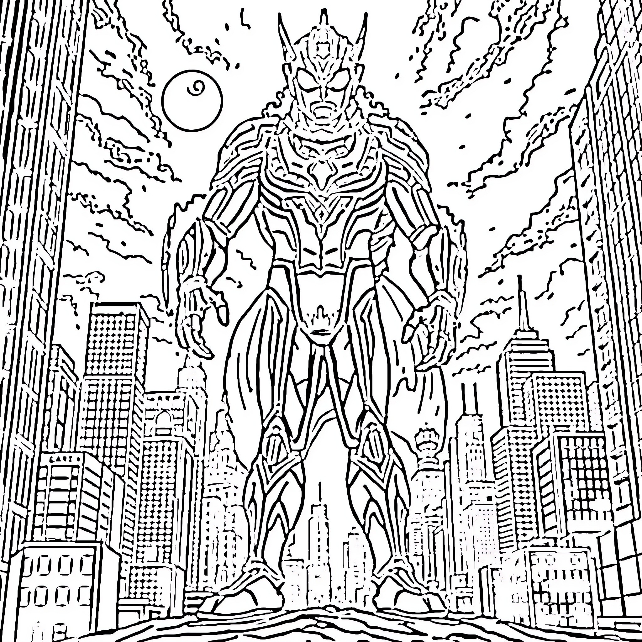 Ultraman battles in a futuristic city Coloring Page (free black-and-white line drawing printable PDF for all, from beginners to advanced learners, including children, teens, adults, and seniors)