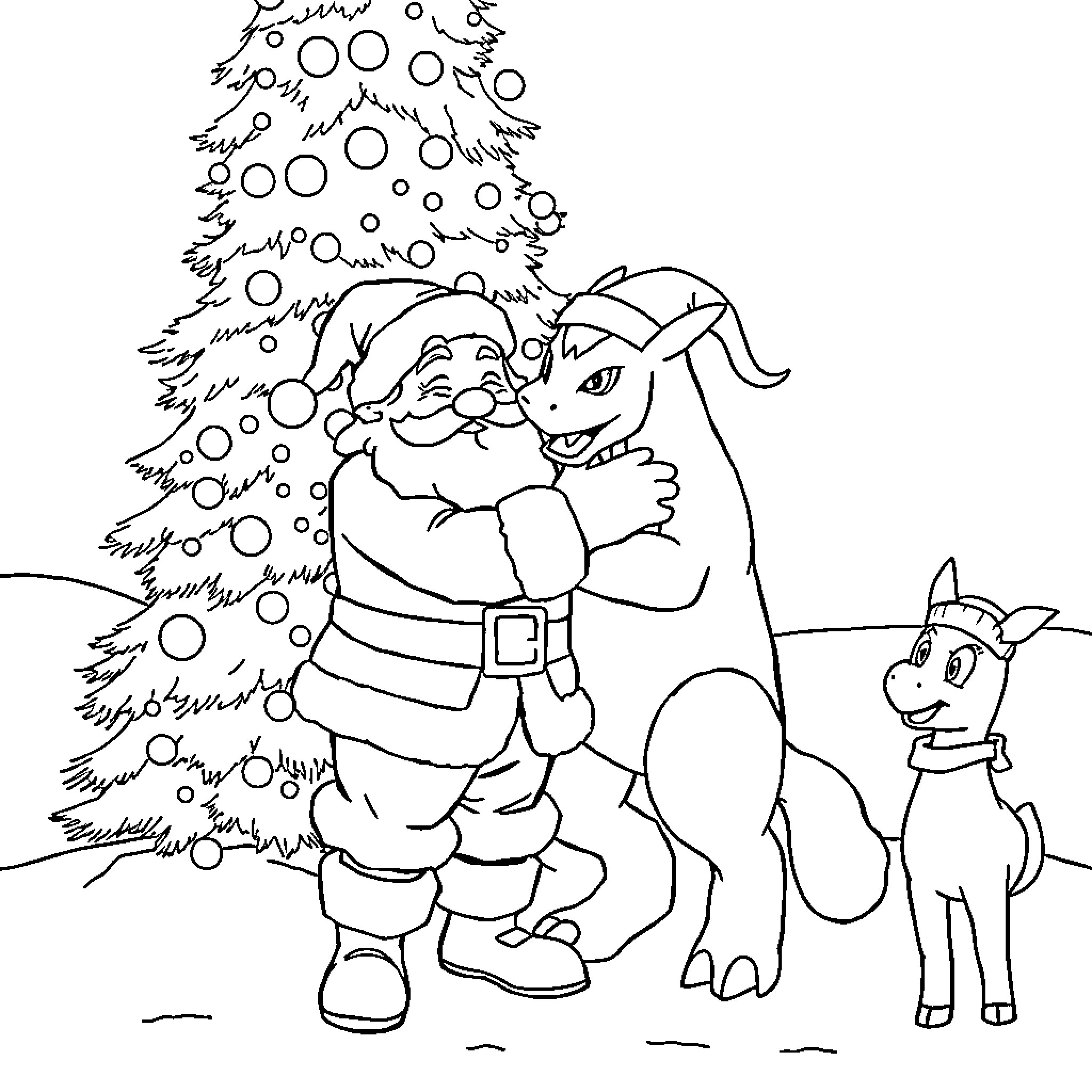 Santa Claus and his Reindeer Friend in Winter Wonderland Coloring Page (free black-and-white line drawing printable PDF for all, from beginners to advanced learners, including children, teens, adults, and seniors)