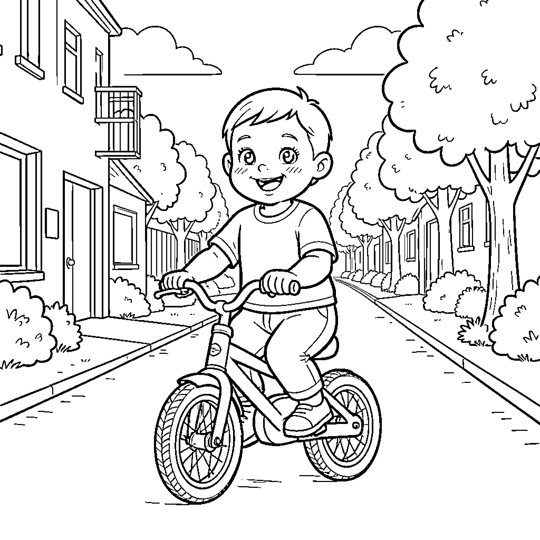Baby riding bicycle on a neighborhood street Coloring Page (free black-and-white line drawing printable PDF for all, from beginners to advanced learners, including children, teens, adults, and seniors)