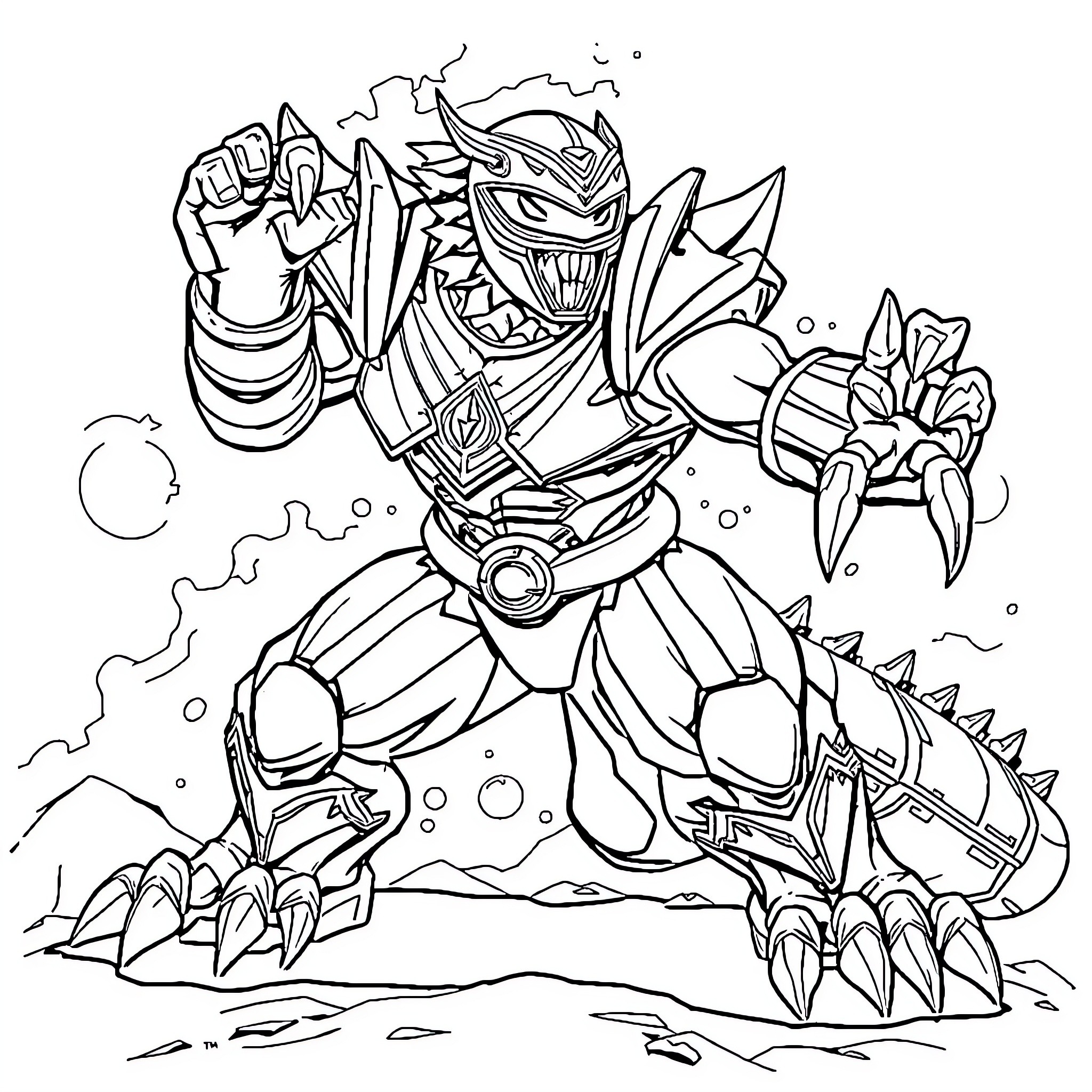 Power Ranger Monster Battles with Fierce Claws and Teeth Coloring Page (free black-and-white line drawing printable PDF for all, from beginners to advanced learners, including children, teens, adults, and seniors)