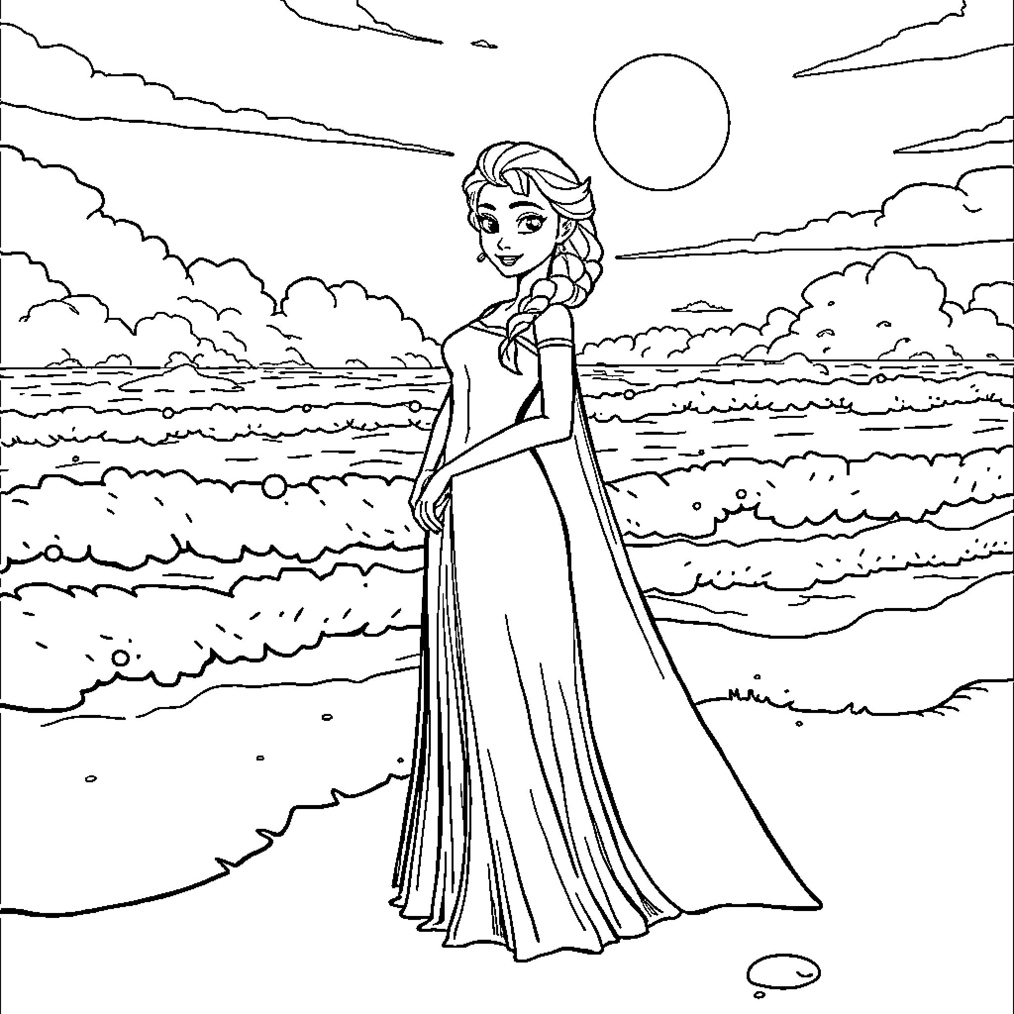Elsa enjoying the scenic landscape Coloring Page (free black-and-white line drawing printable PDF for all, from beginners to advanced learners, including children, teens, adults, and seniors)