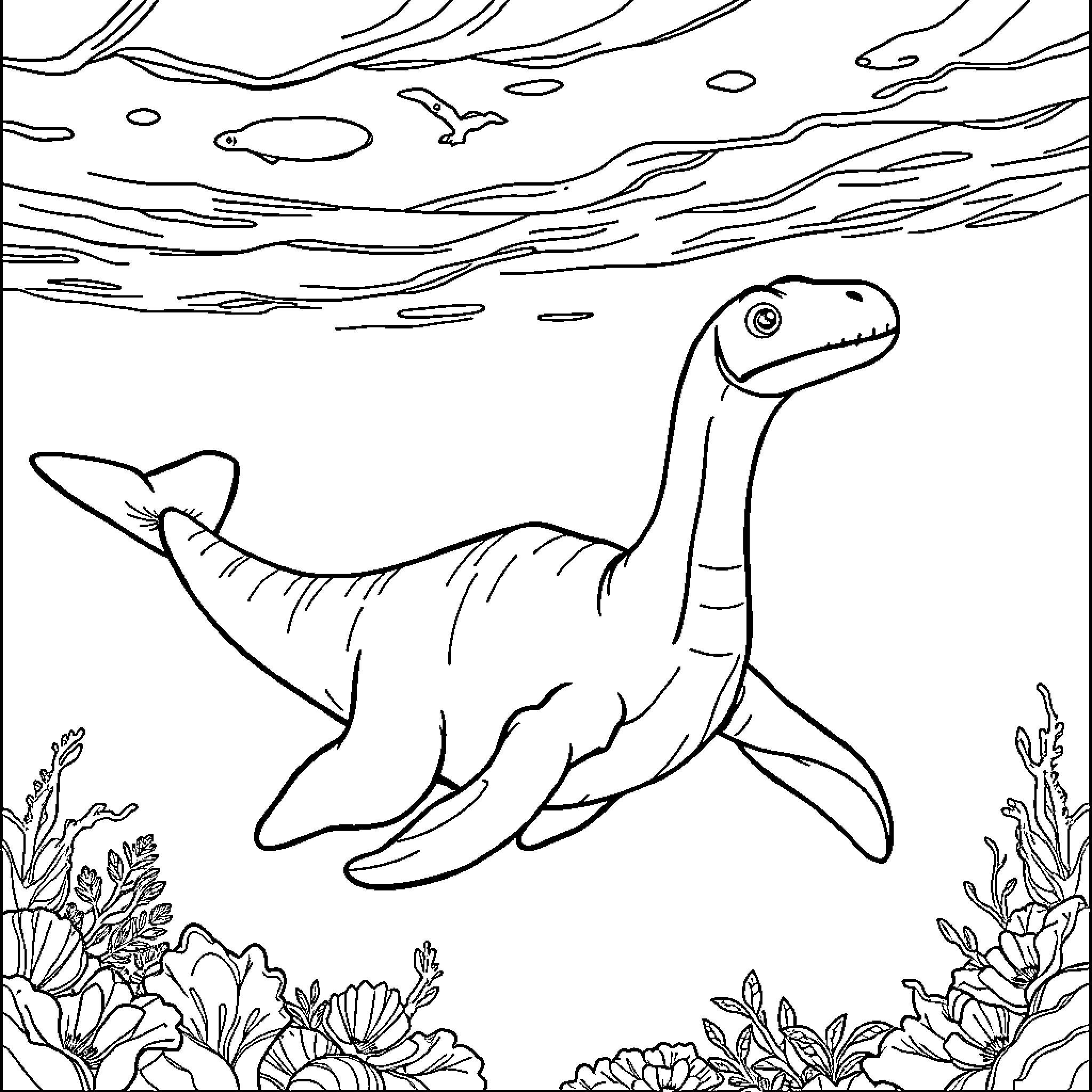 Plesiosaur swimming gracefully through the underwater ocean scenery Coloring Page (free black-and-white line drawing printable PDF for all, from beginners to advanced learners, including children, teens, adults, and seniors)