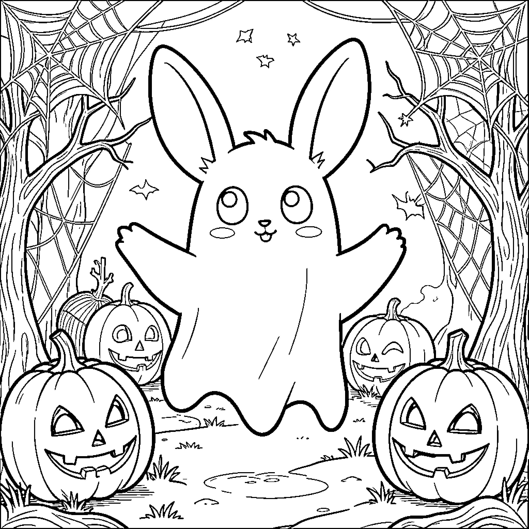 Labubu Ghost floating among pumpkins and spider webs Coloring Page (free black-and-white line drawing printable PDF for all, from beginners to advanced learners, including children, teens, adults, and seniors)