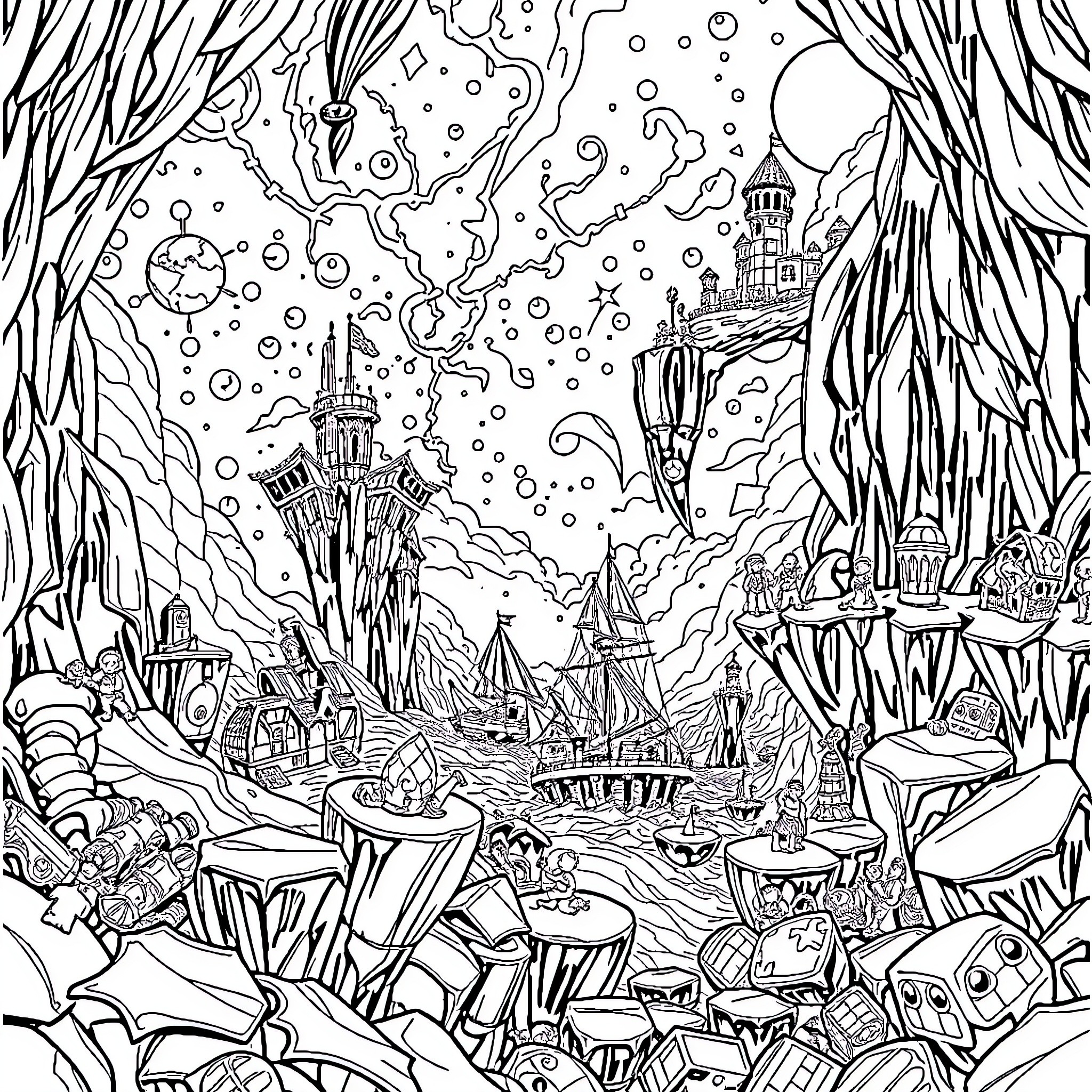 Treasure Planet: Interstellar adventure among fantastical landscapes Coloring Page (free black-and-white line drawing printable PDF for all, from beginners to advanced learners, including children, teens, adults, and seniors)