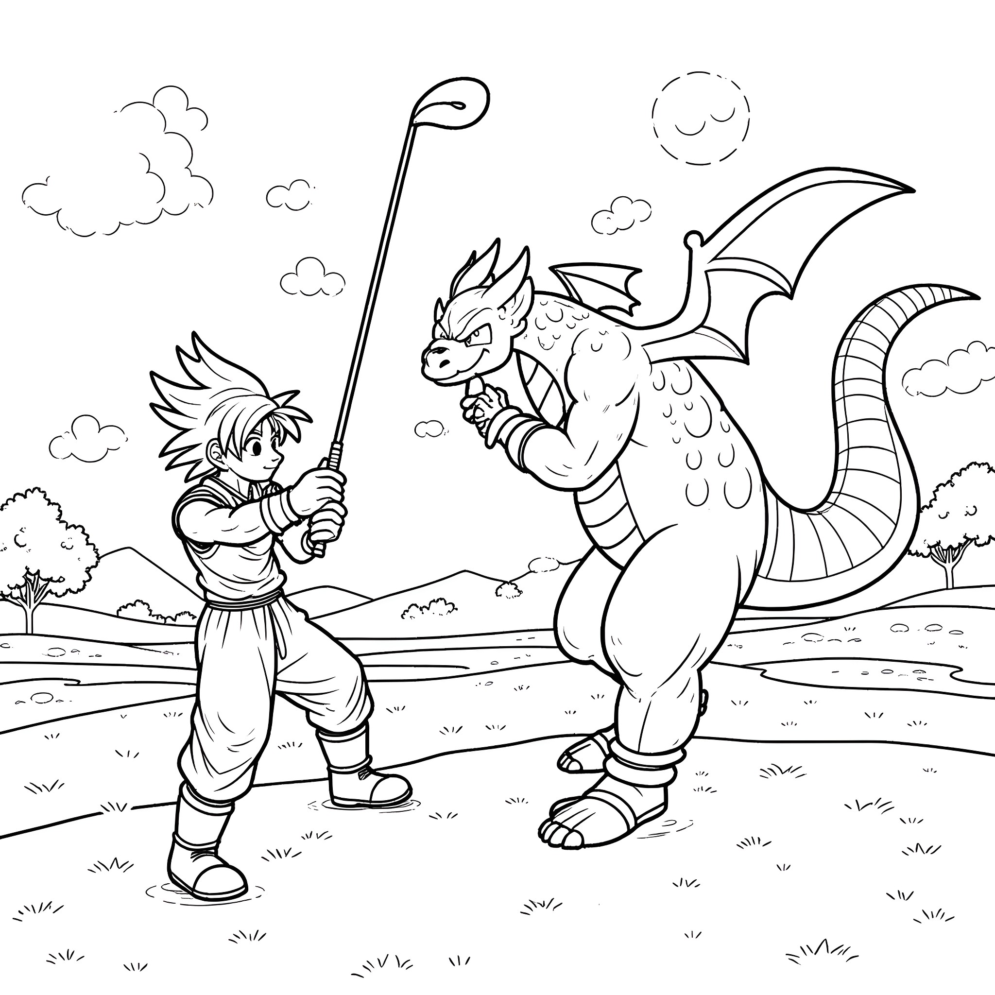 Salamence facing off against a warrior in the wild Coloring Page (free black-and-white line drawing printable PDF for all, from beginners to advanced learners, including children, teens, adults, and seniors)