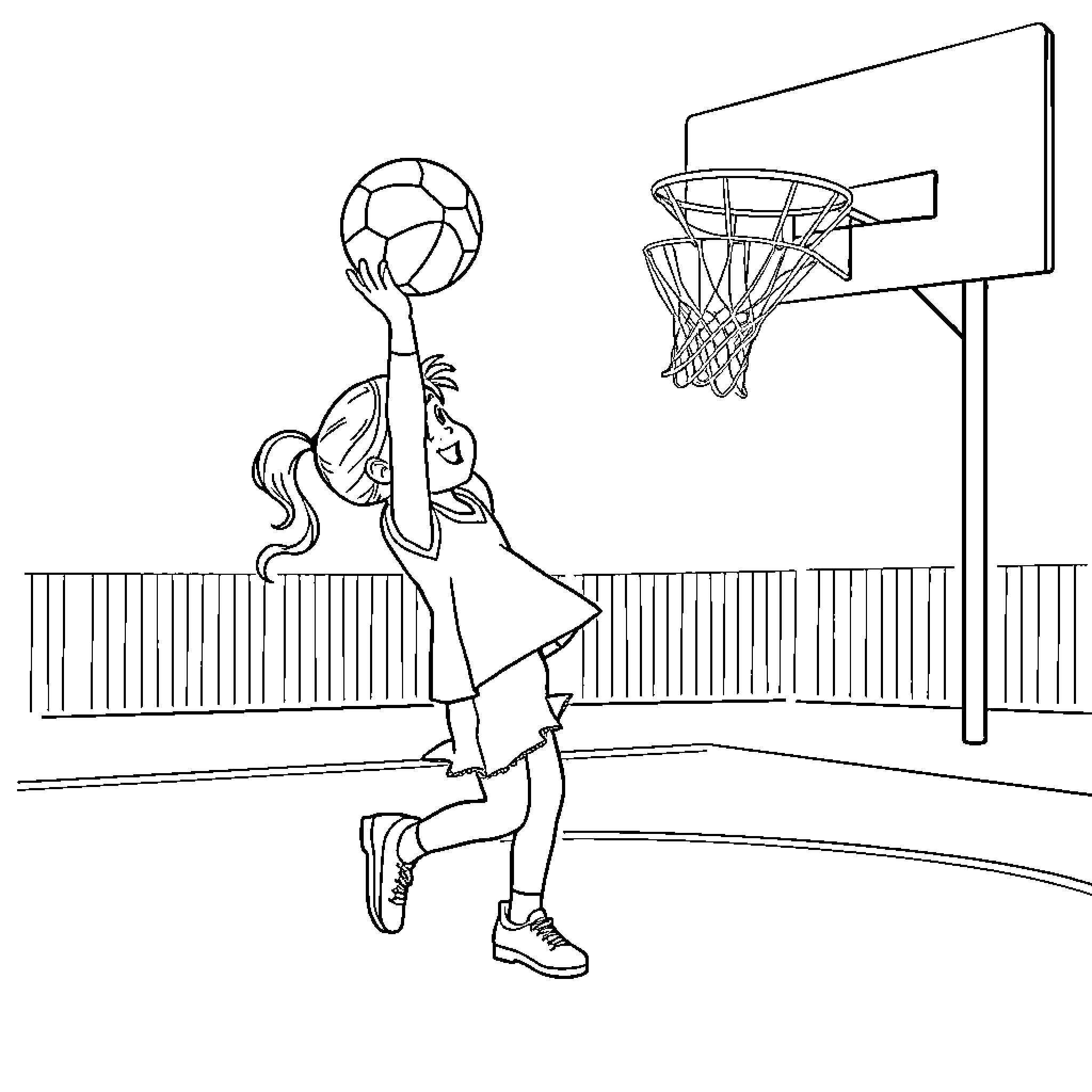Girl playing basketball in the court Coloring Page (free black-and-white line drawing printable PDF for all, from beginners to advanced learners, including children, teens, adults, and seniors)