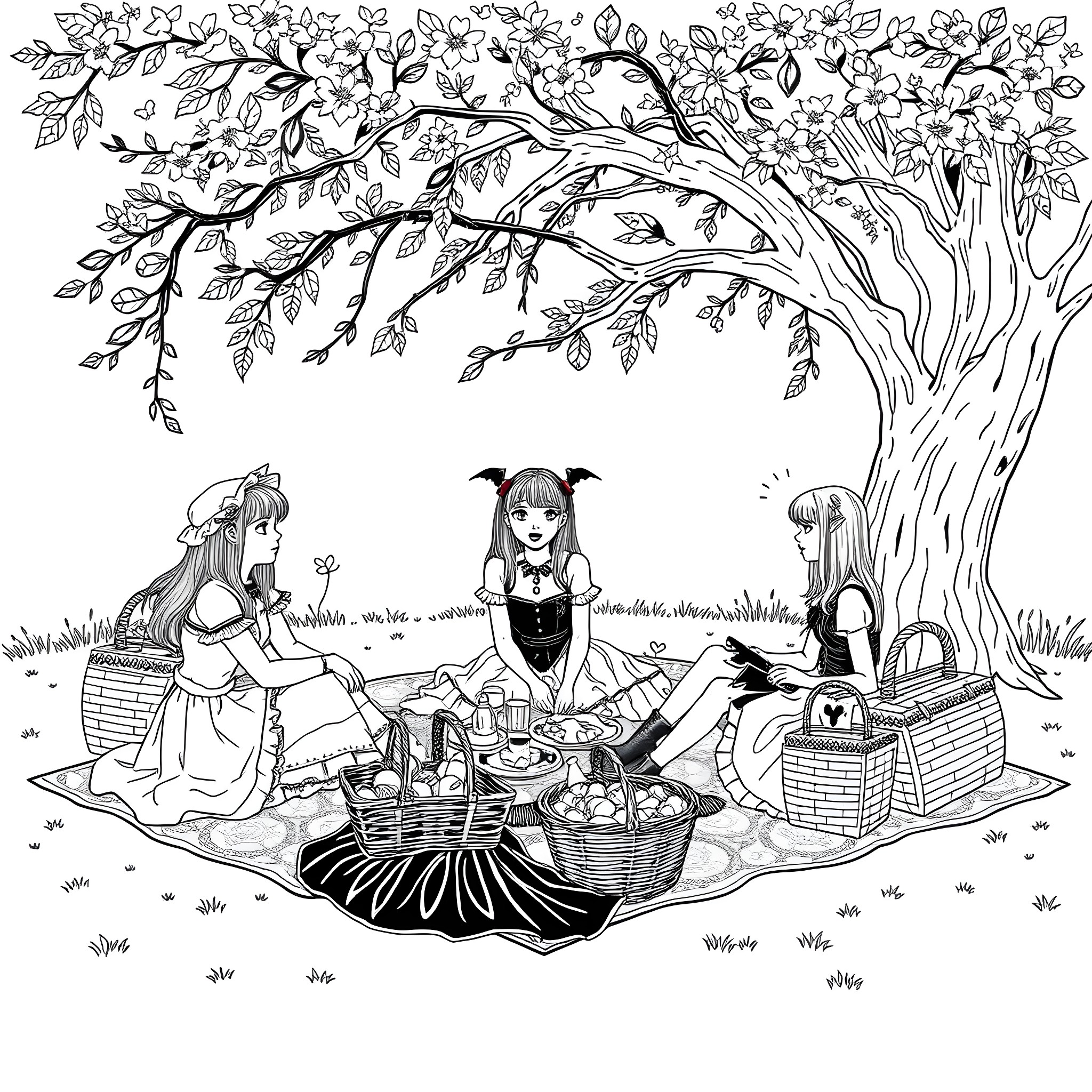 Goth Girls Enjoying a Picnic in Nature Coloring Page (free black-and-white line drawing printable PDF for all, from beginners to advanced learners, including children, teens, adults, and seniors)