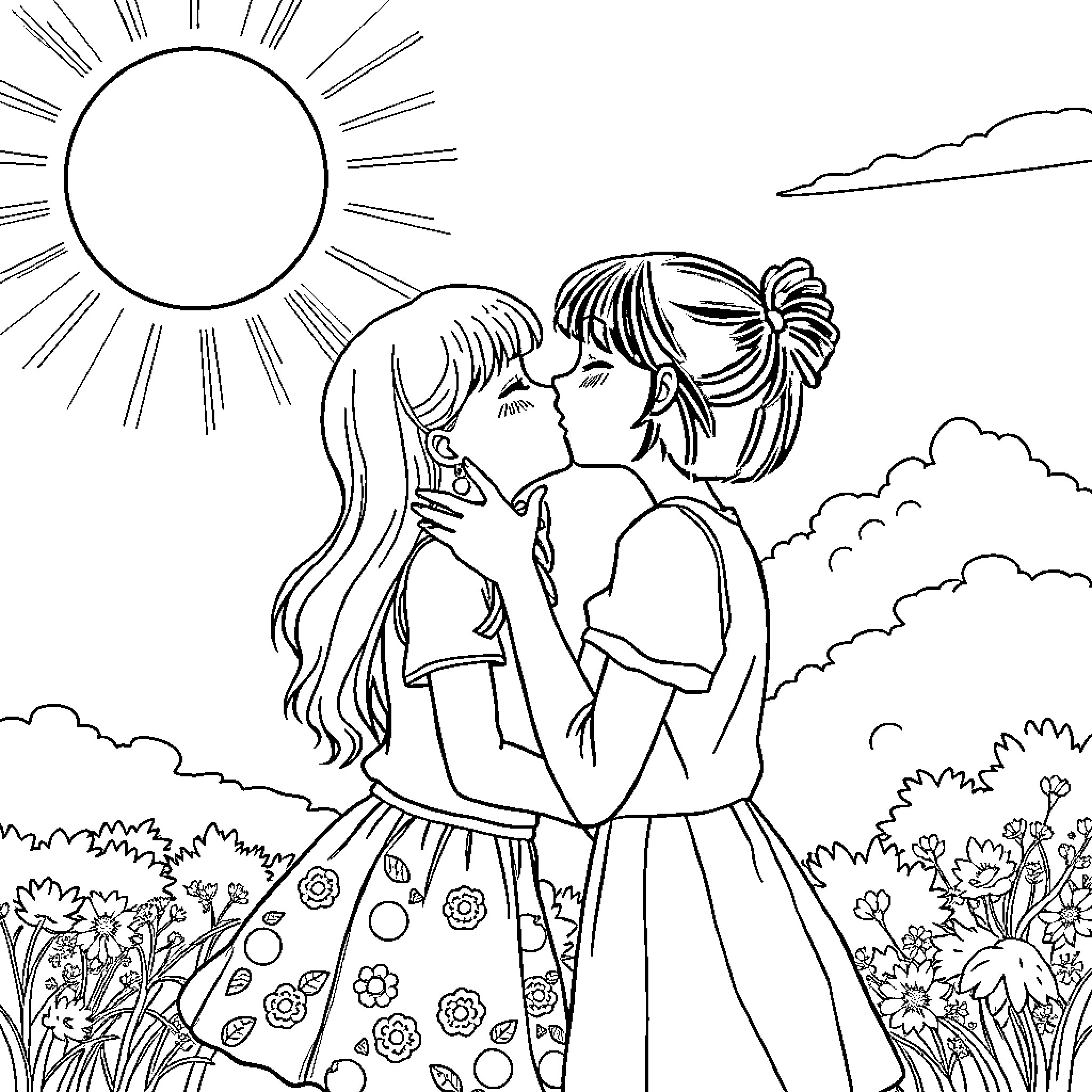 Girl sharing a tender moment with friend in the sun Coloring Page (free black-and-white line drawing printable PDF for all, from beginners to advanced learners, including children, teens, adults, and seniors)