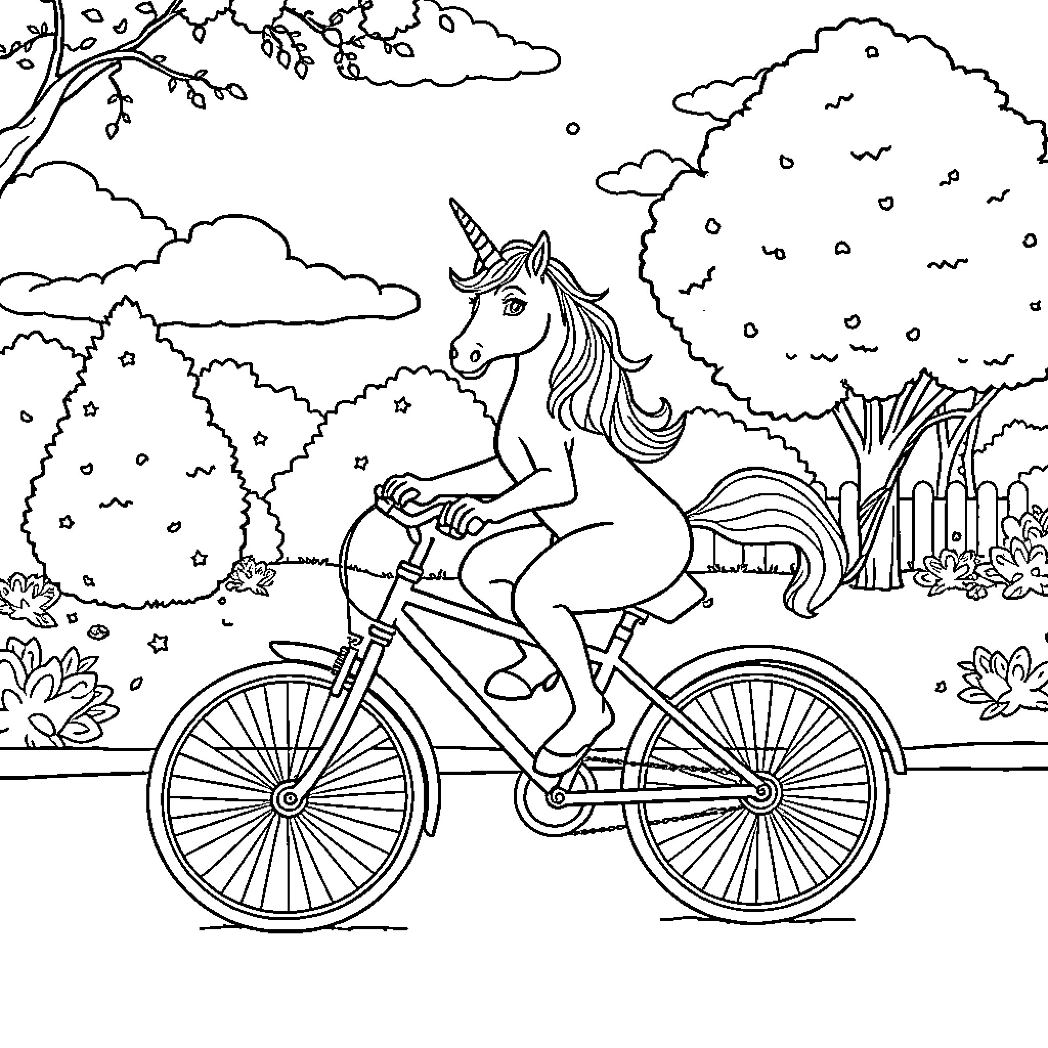 Unicorn riding a bicycle through a whimsical landscape Coloring Page (free black-and-white line drawing printable PDF for all, from beginners to advanced learners, including children, teens, adults, and seniors)