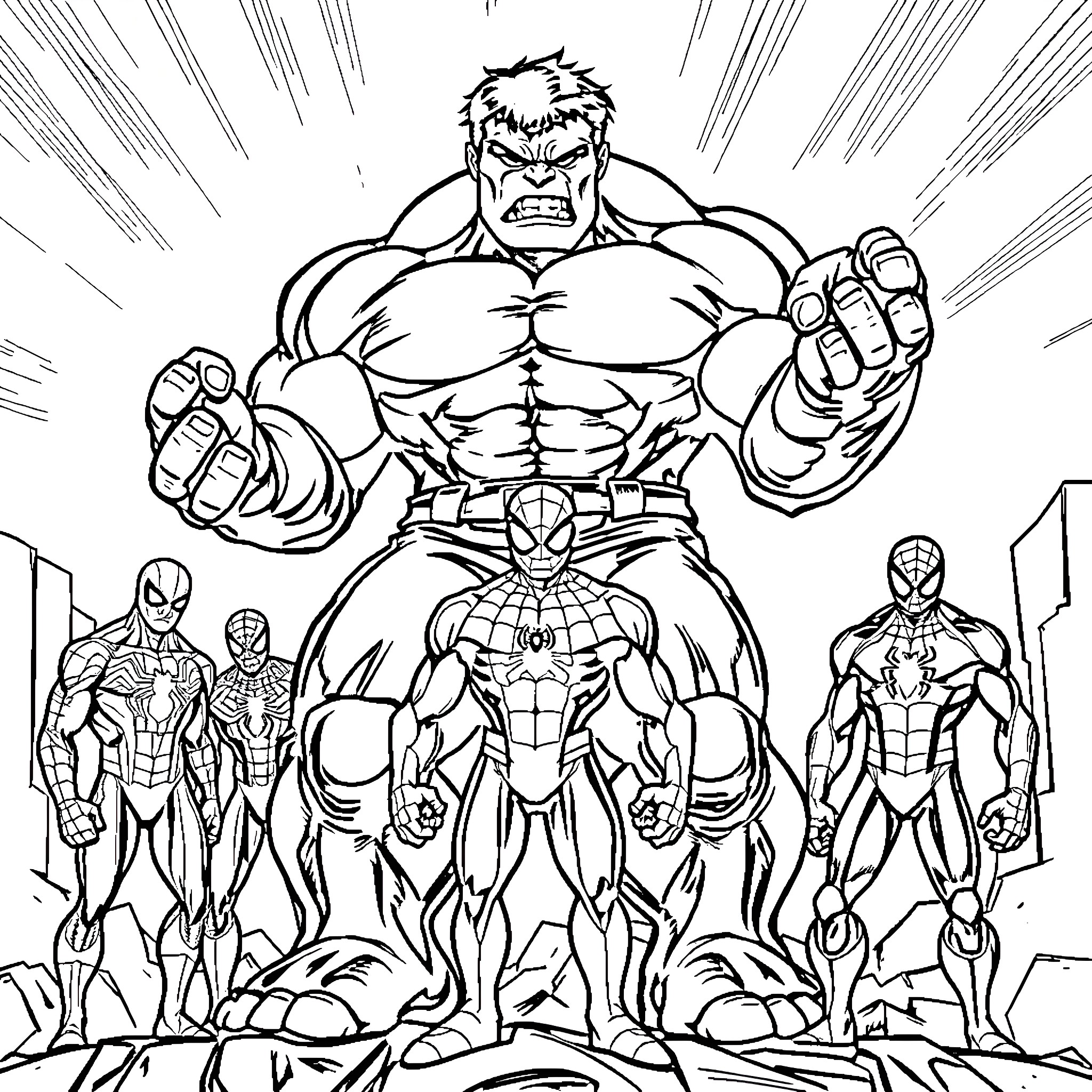 Hulk leading a team of superheroes into action Coloring Page (free black-and-white line drawing printable PDF for all, from beginners to advanced learners, including children, teens, adults, and seniors)
