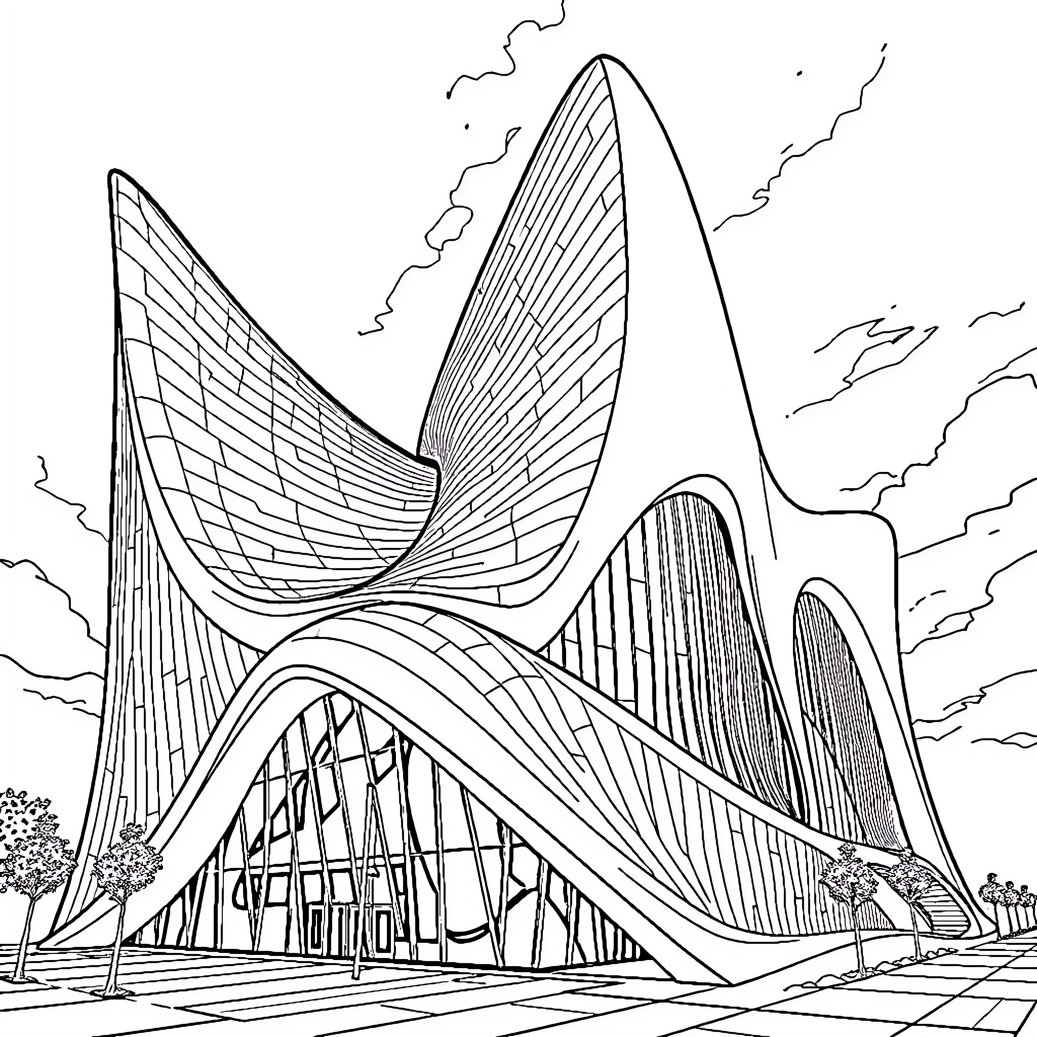 Building with striking architectural design Coloring Page (free black-and-white line drawing printable PDF for all, from beginners to advanced learners, including children, teens, adults, and seniors)