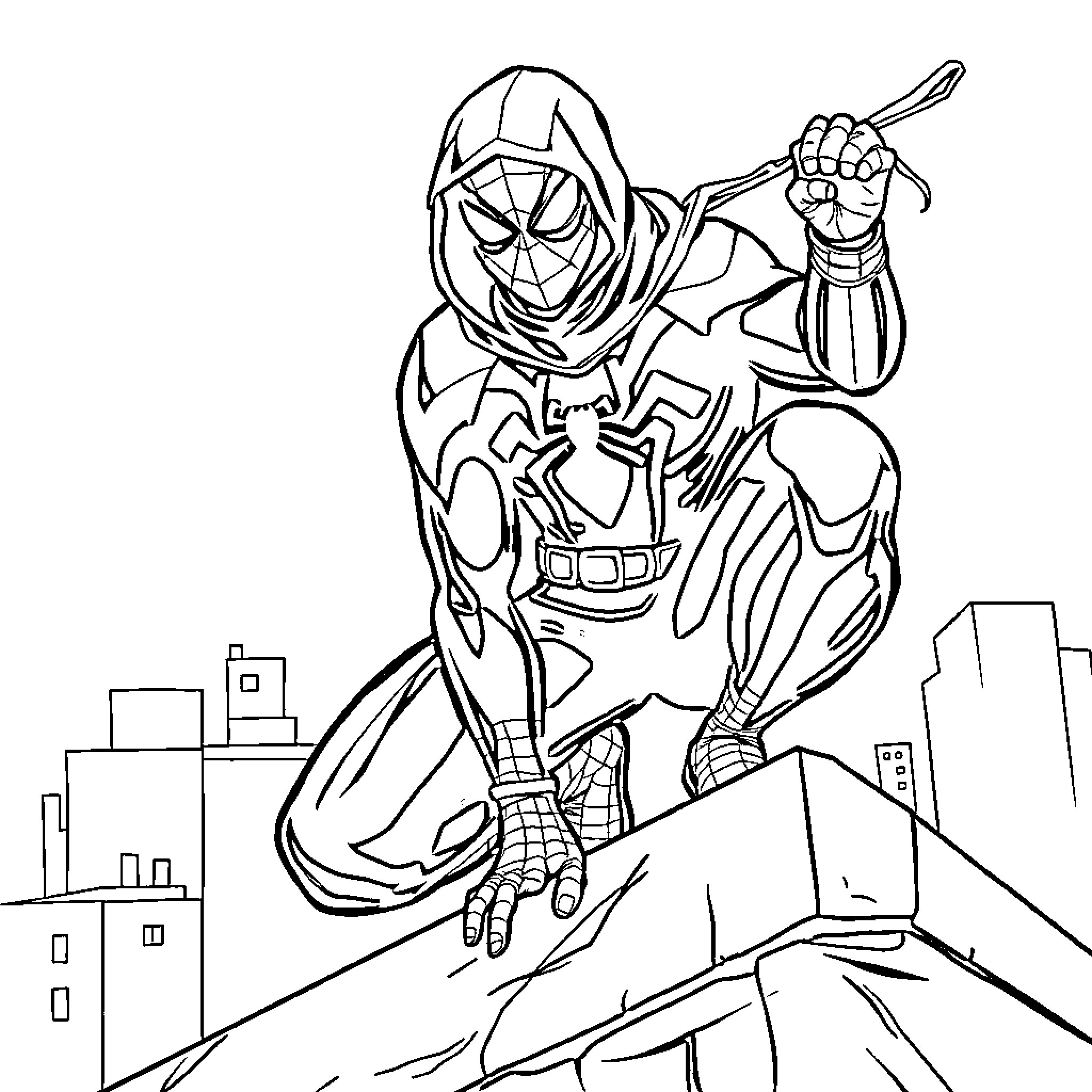 Ninja Spiderman leaping into action in the city Coloring Page (free black-and-white line drawing printable PDF for all, from beginners to advanced learners, including children, teens, adults, and seniors)