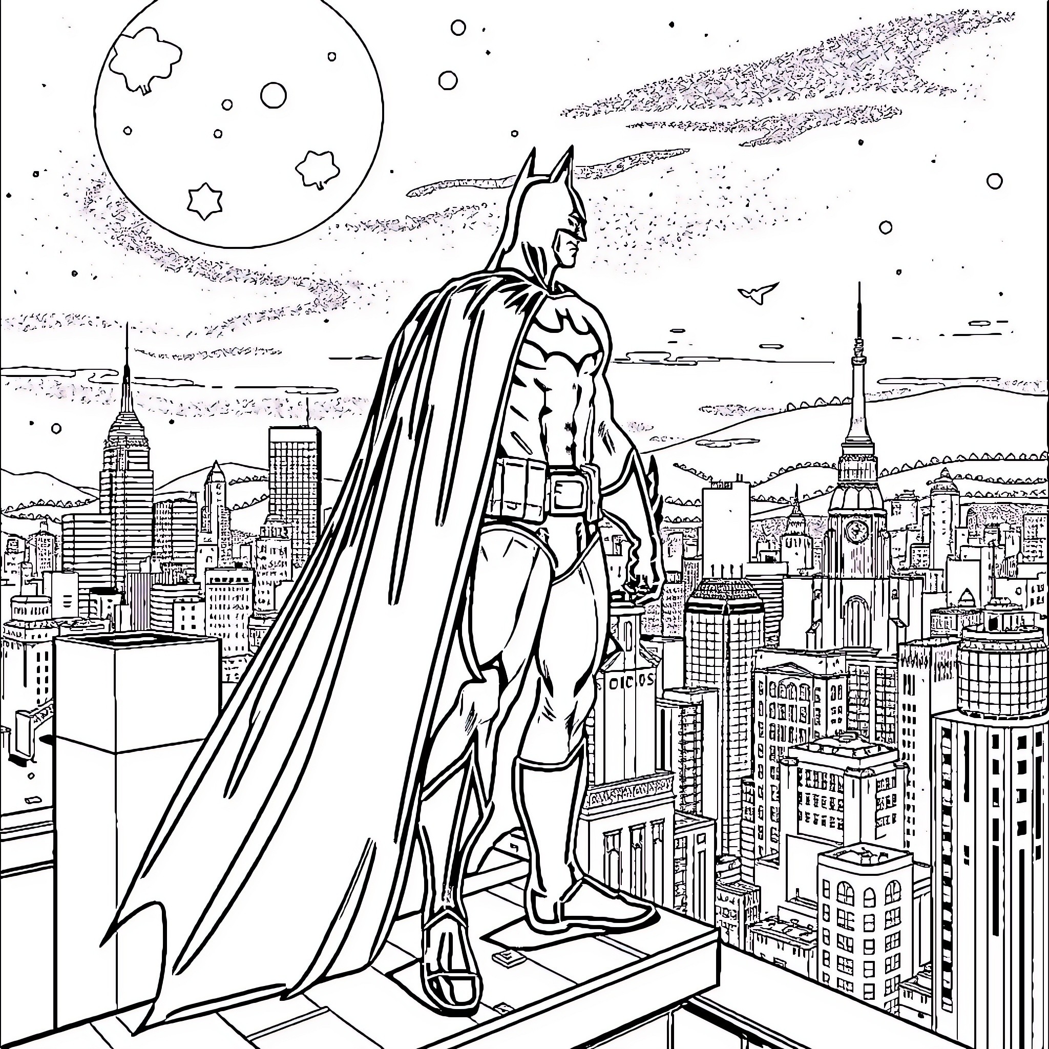 Batman overlooking the city at night Coloring Page (free black-and-white line drawing printable PDF for all, from beginners to advanced learners, including children, teens, adults, and seniors)