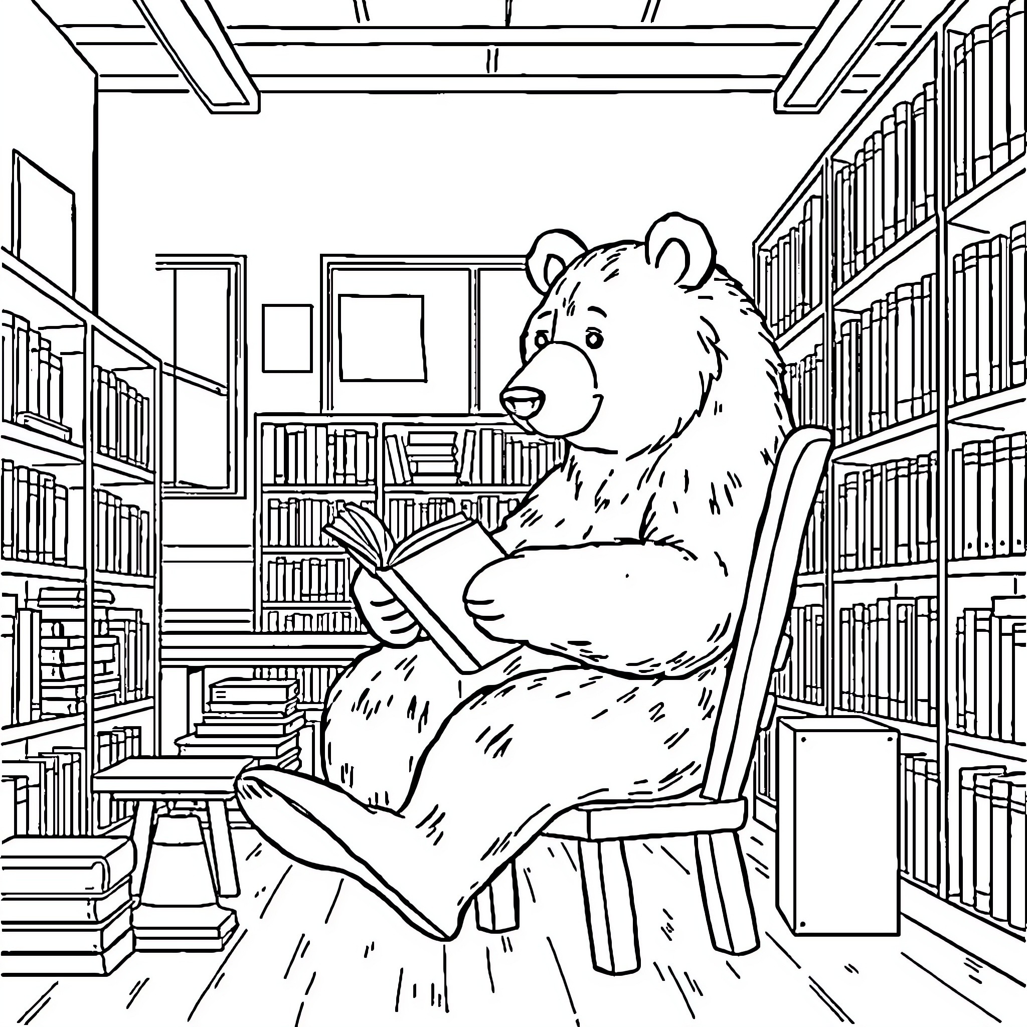 Bear reading a book in the library Coloring Page (free black-and-white line drawing printable PDF for all, from beginners to advanced learners, including children, teens, adults, and seniors)