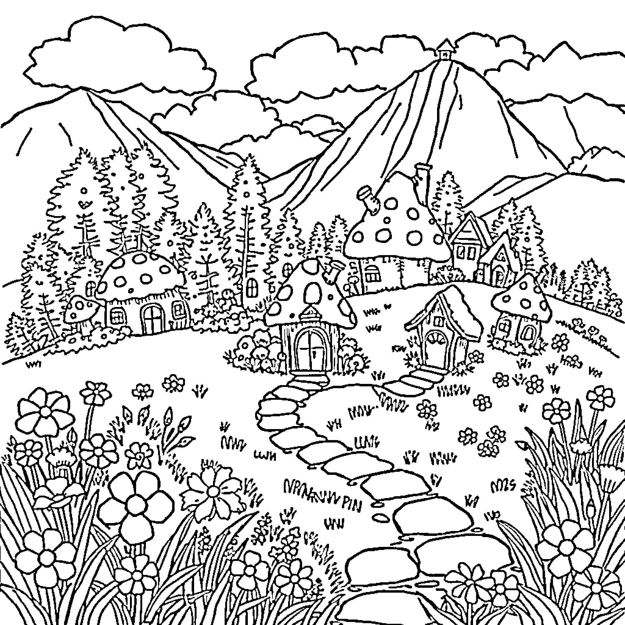 Mushroom Cottage Surrounded by Flowers and Mountains Coloring Page (free black-and-white line drawing printable PDF for all, from beginners to advanced learners, including children, teens, adults, and seniors)