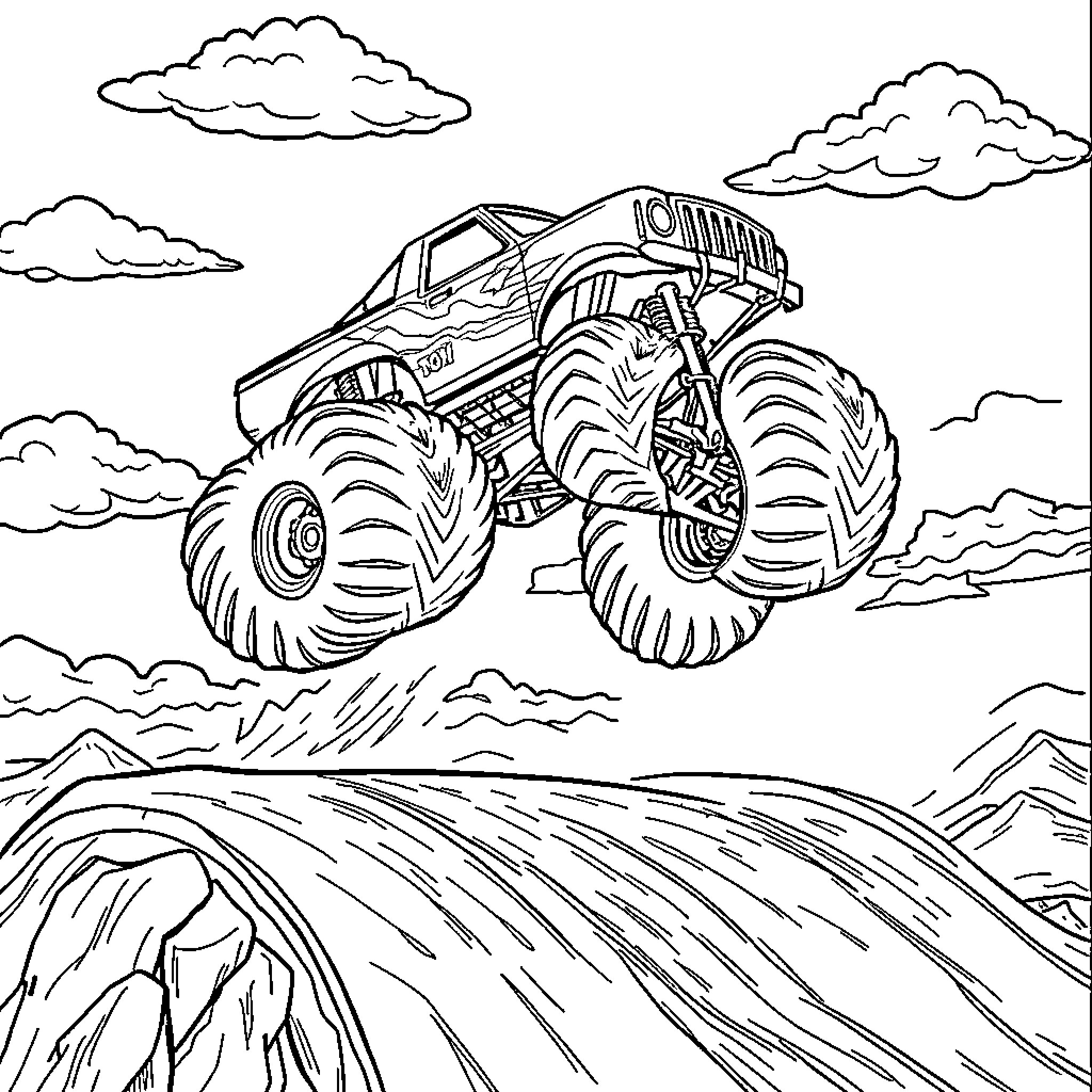 Monster Truck Jumping Over Rugged Terrain Coloring Page (free black-and-white line drawing printable PDF for all, from beginners to advanced learners, including children, teens, adults, and seniors)