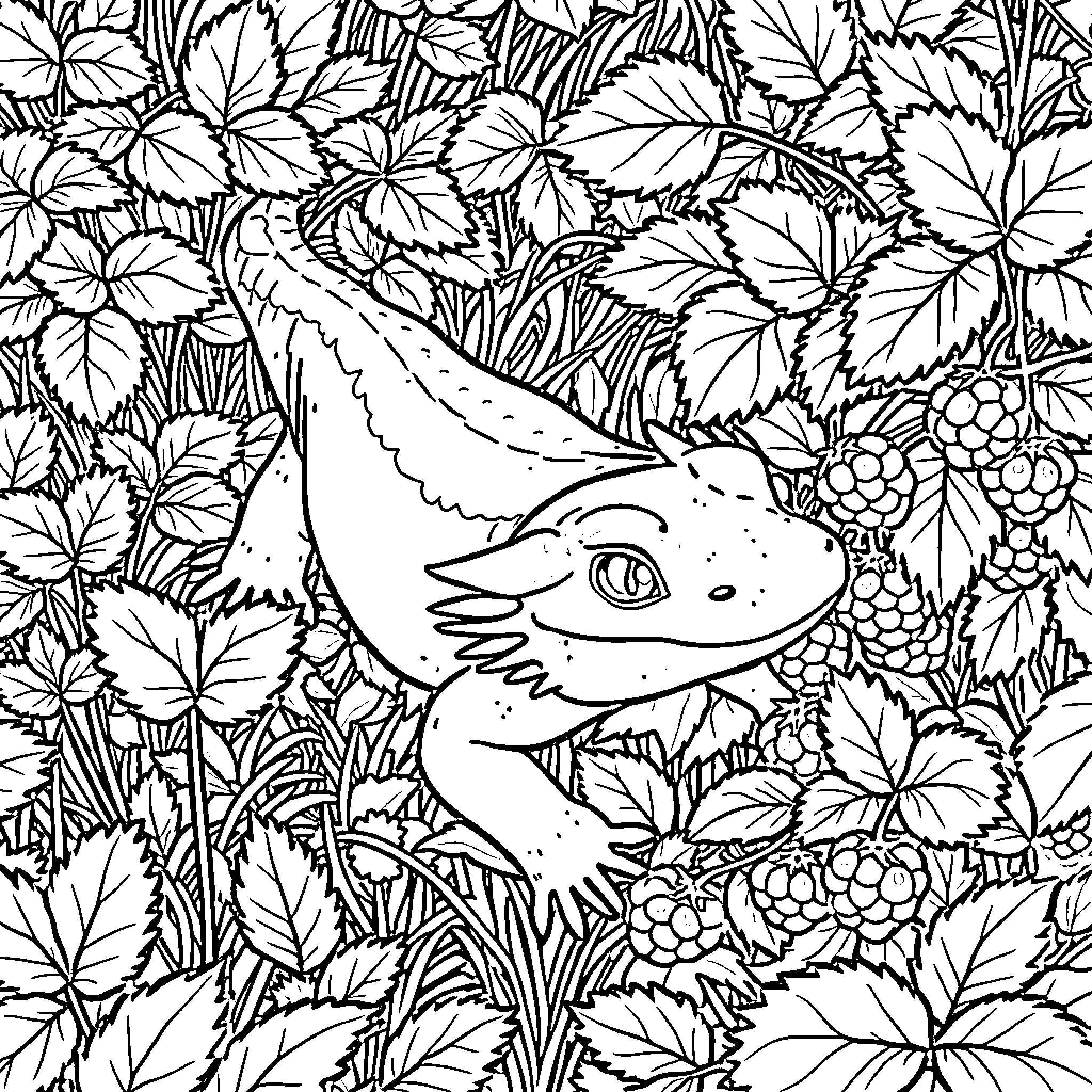 Axolotl exploring lush, verdant landscape Coloring Page (free black-and-white line drawing printable PDF for all, from beginners to advanced learners, including children, teens, adults, and seniors)