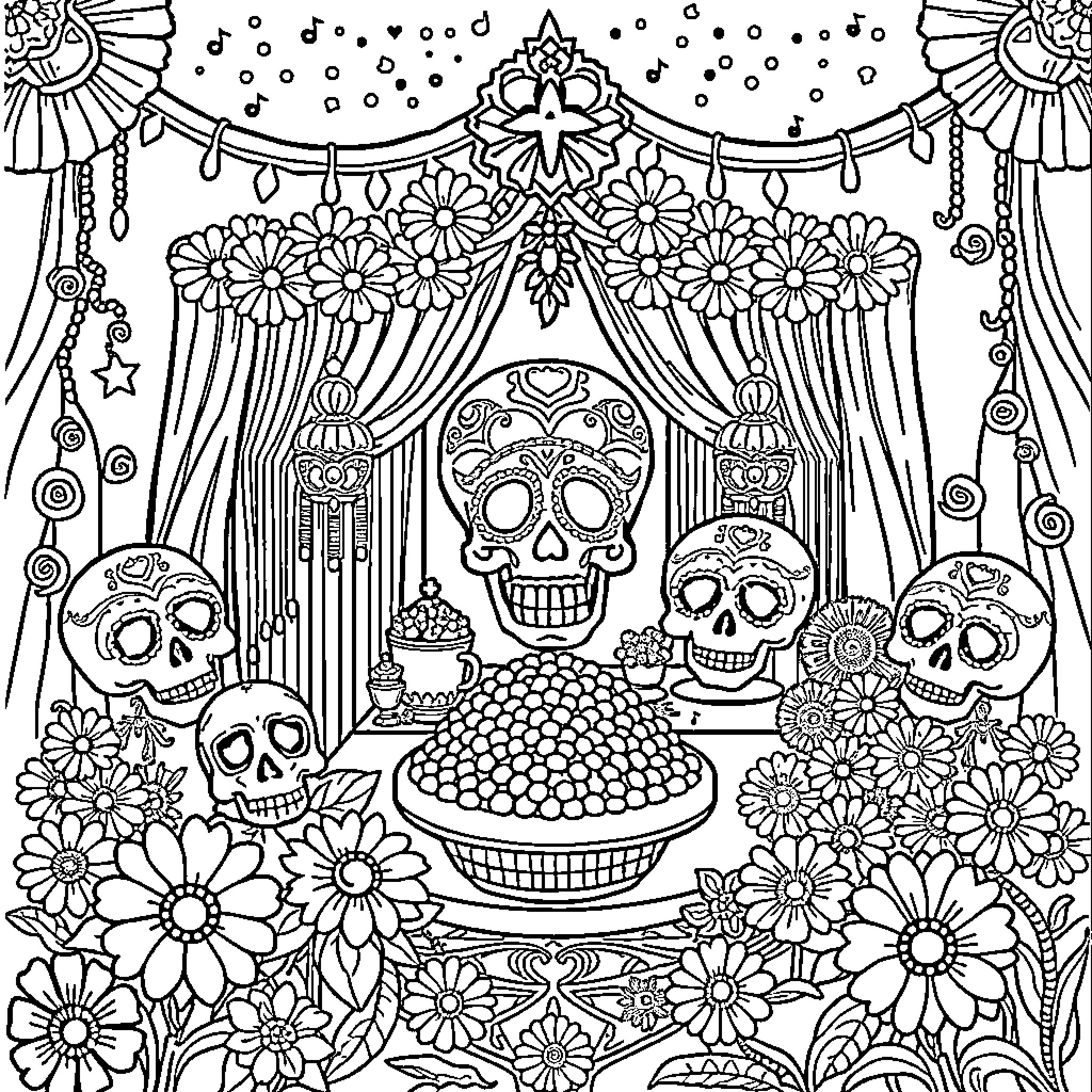 Day of the Dead Celebration with Intricate Floral Designs Coloring Page (free black-and-white line drawing printable PDF for all, from beginners to advanced learners, including children, teens, adults, and seniors)