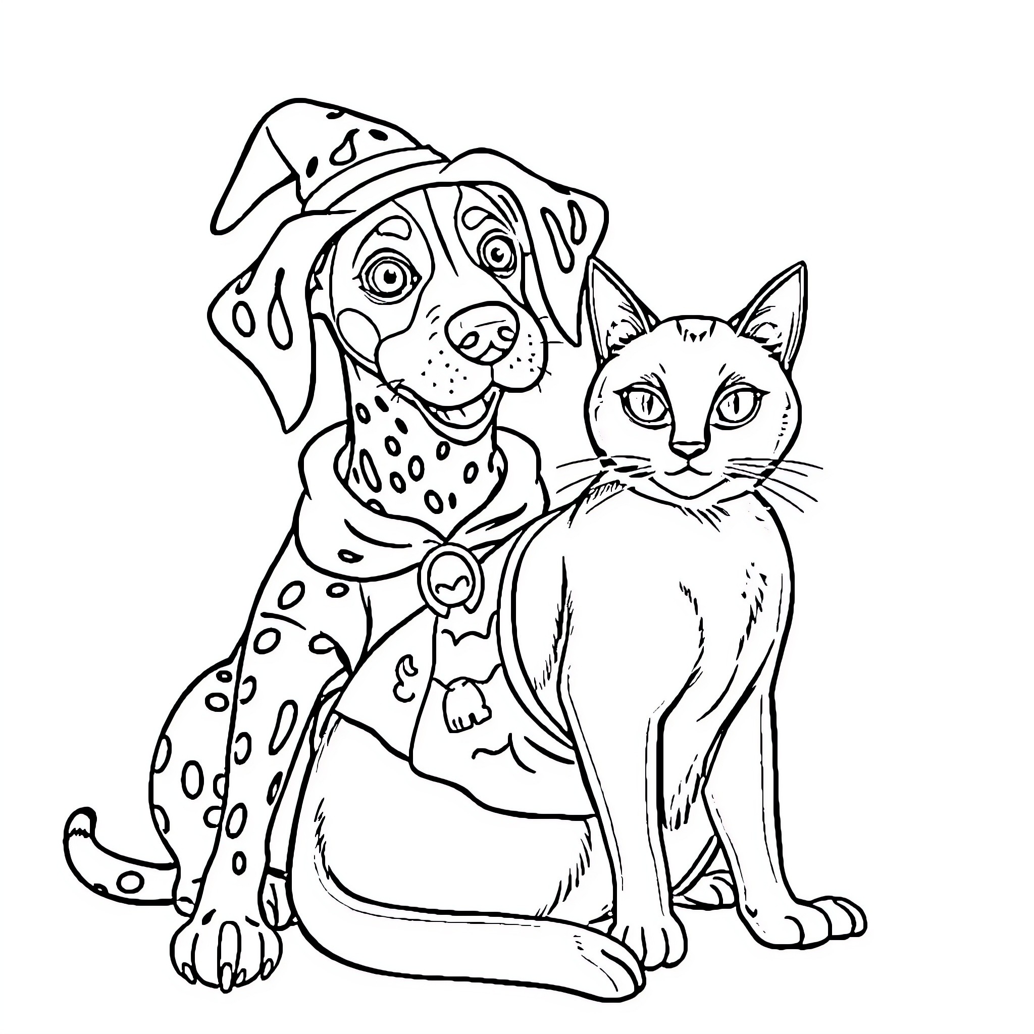 German Shorthaired Pointer and Siamese Cat playing together Coloring Page (free black-and-white line drawing printable PDF for all, from beginners to advanced learners, including children, teens, adults, and seniors)