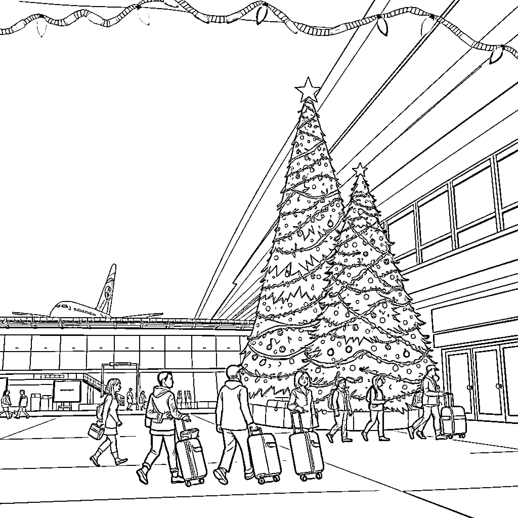 Airport Holiday Celebration with Christmas Trees Coloring Page (free black-and-white line drawing printable PDF for all, from beginners to advanced learners, including children, teens, adults, and seniors)