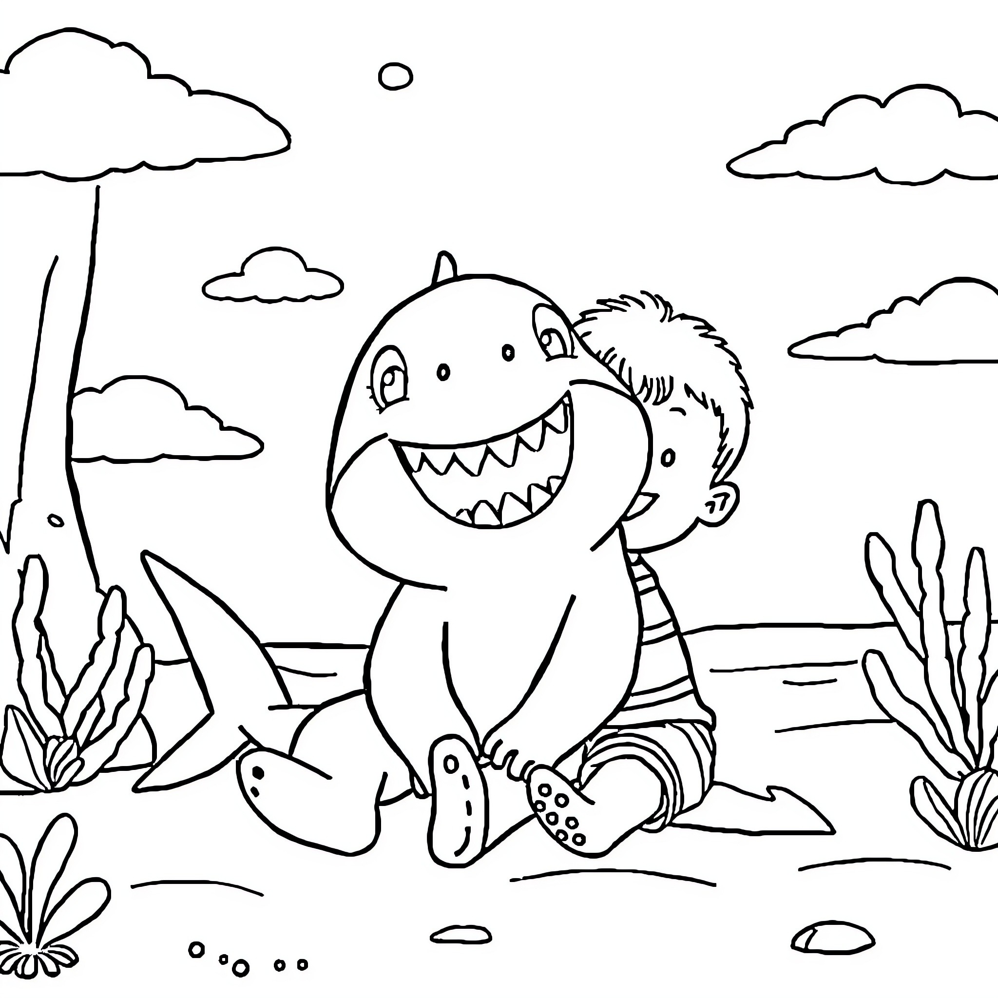 Baby Shark playing happily in the ocean Coloring Page (free black-and-white line drawing printable PDF for all, from beginners to advanced learners, including children, teens, adults, and seniors)