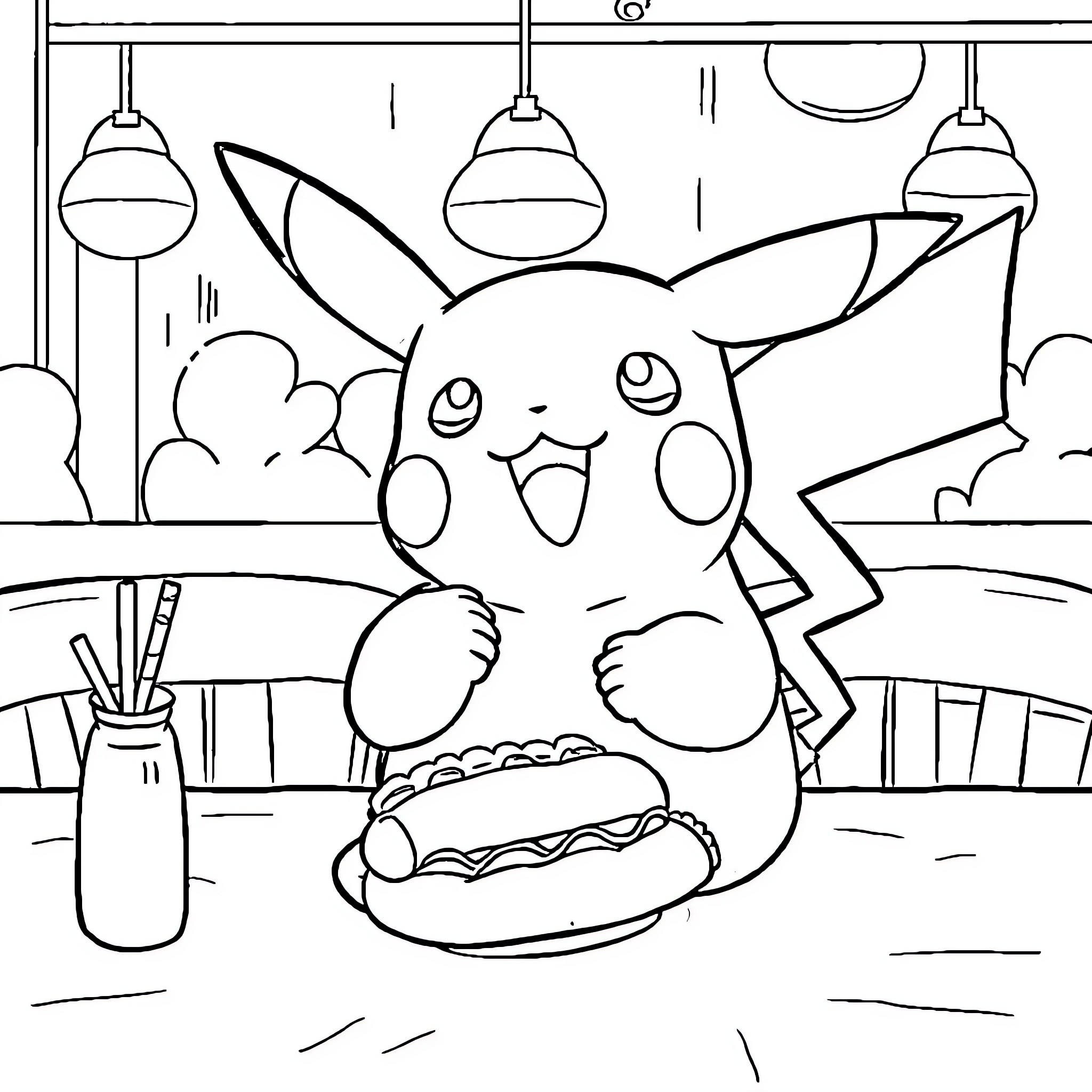 Pikachu enjoying a delicious meal in a diner Coloring Page (free black-and-white line drawing printable PDF for all, from beginners to advanced learners, including children, teens, adults, and seniors)