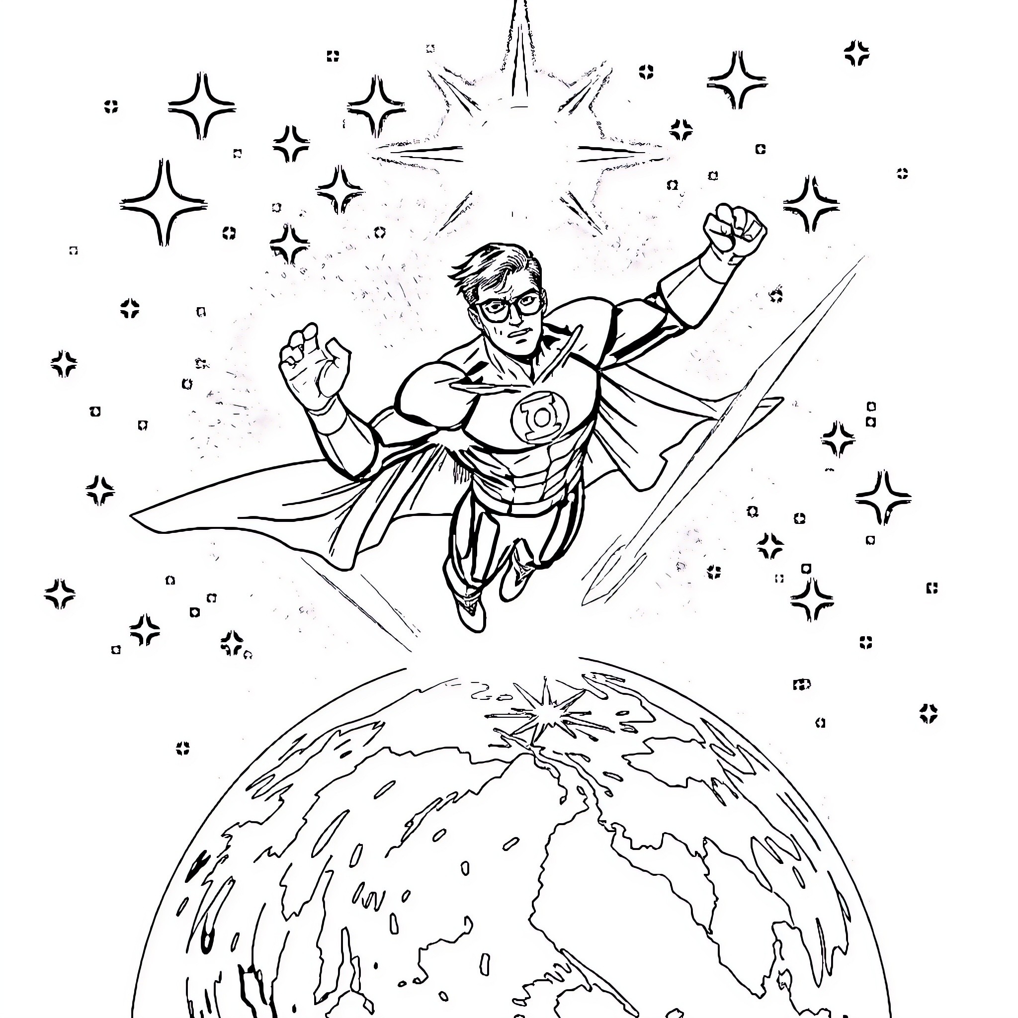 Green Lantern soaring through the cosmos Coloring Page (free black-and-white line drawing printable PDF for all, from beginners to advanced learners, including children, teens, adults, and seniors)