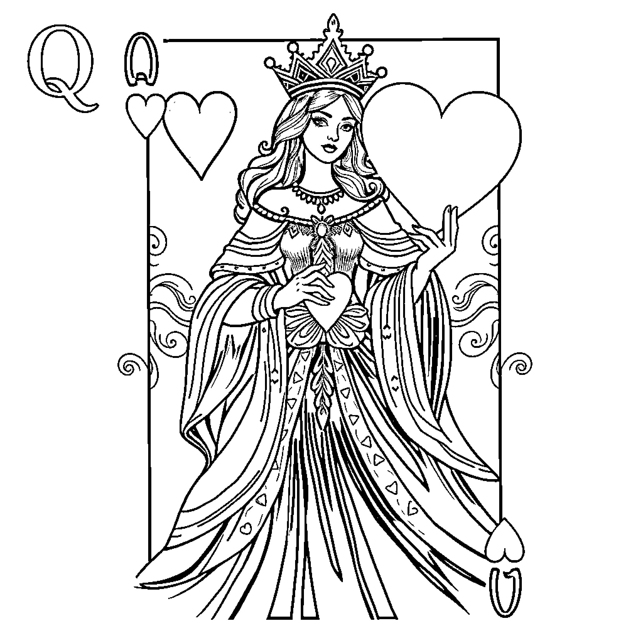 Queen of Hearts in Elegant Queenly Attire Coloring Page (free black-and-white line drawing printable PDF for all, from beginners to advanced learners, including children, teens, adults, and seniors)
