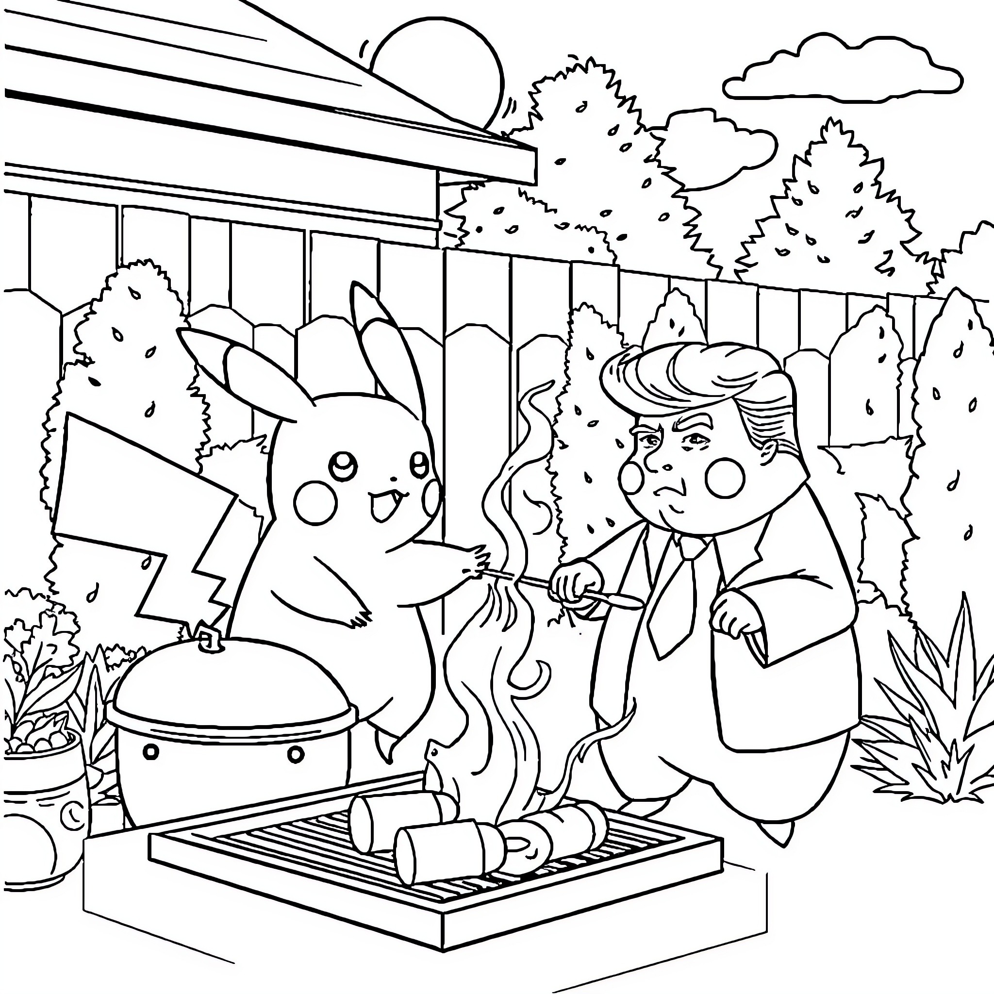 Pikachu and the Scientist in the Outdoor Laboratory Coloring Page (free black-and-white line drawing printable PDF for all, from beginners to advanced learners, including children, teens, adults, and seniors)