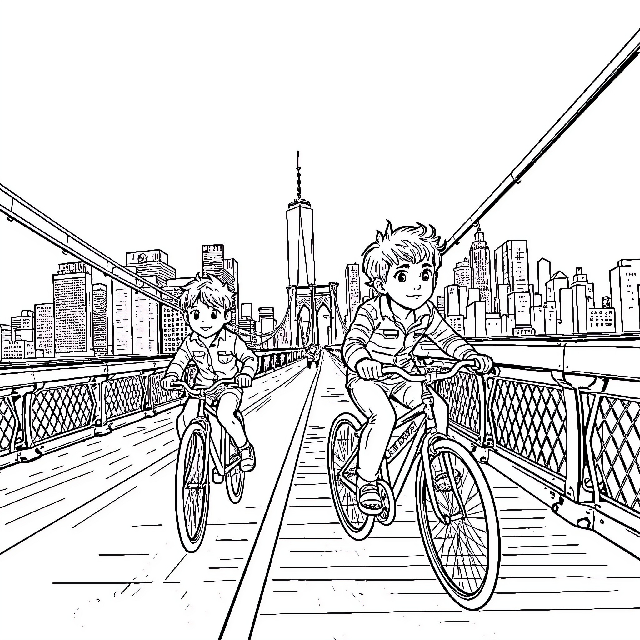 Bicycle ride through the city with friends Coloring Page (free black-and-white line drawing printable PDF for all, from beginners to advanced learners, including children, teens, adults, and seniors)