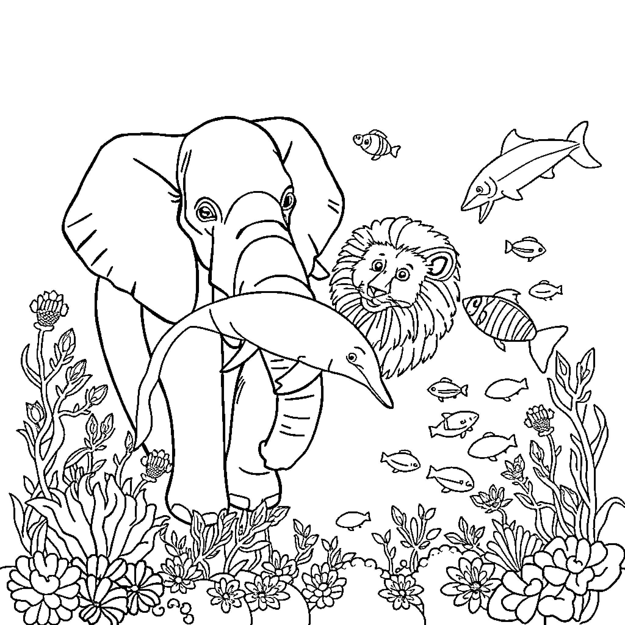 Animal friends in an underwater garden Coloring Page (free black-and-white line drawing printable PDF for all, from beginners to advanced learners, including children, teens, adults, and seniors)