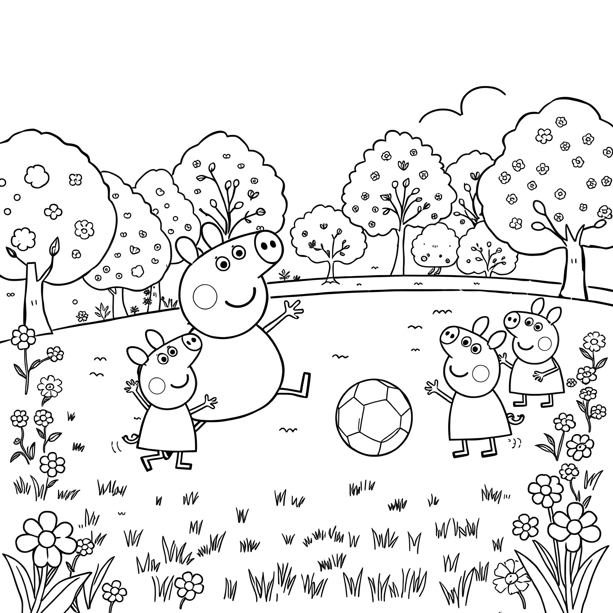 Peppa Pig and family playing in the park Coloring Page (free black-and-white line drawing printable PDF for all, from beginners to advanced learners, including children, teens, adults, and seniors)