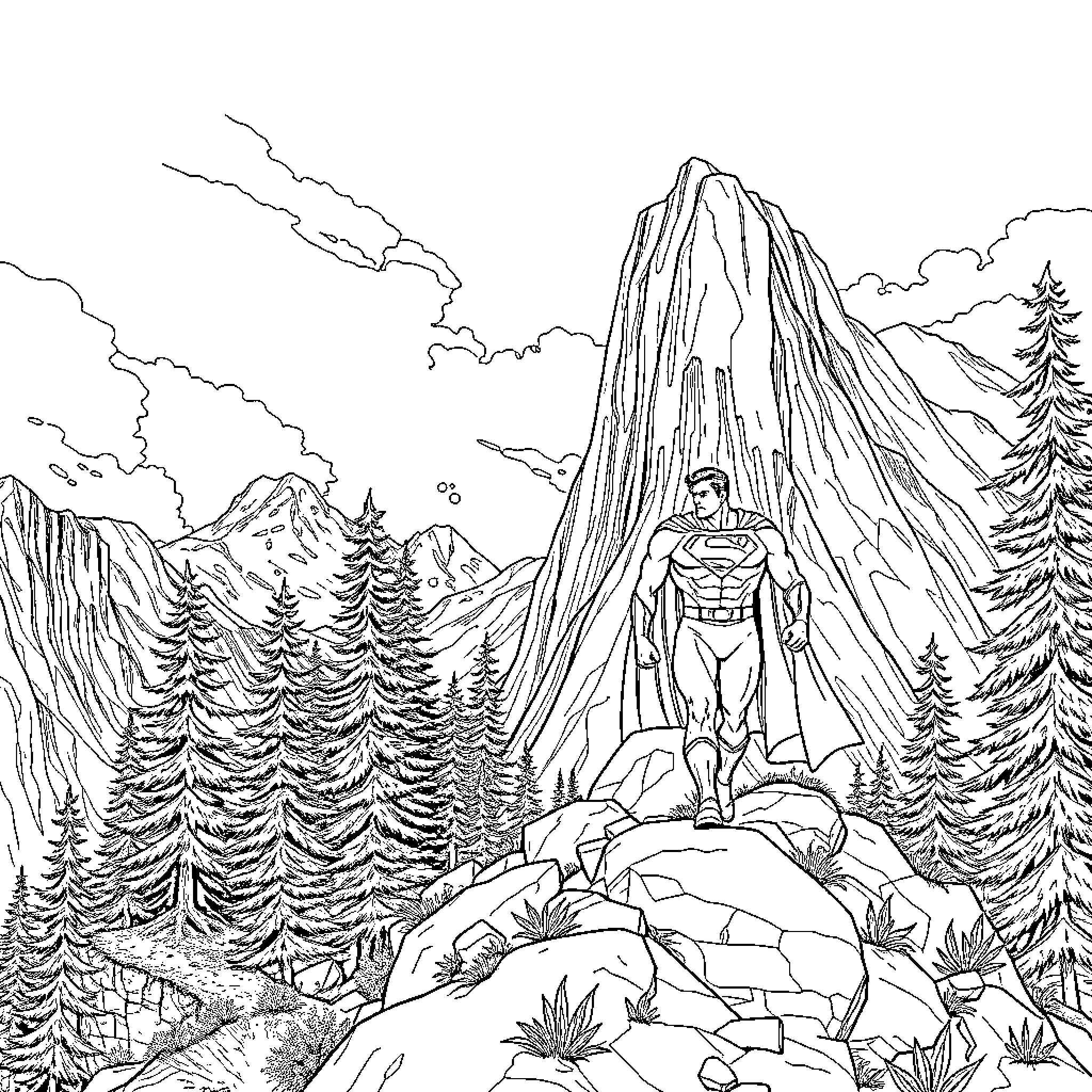 Superman surveying the majestic mountain landscape Coloring Page (free black-and-white line drawing printable PDF for all, from beginners to advanced learners, including children, teens, adults, and seniors)