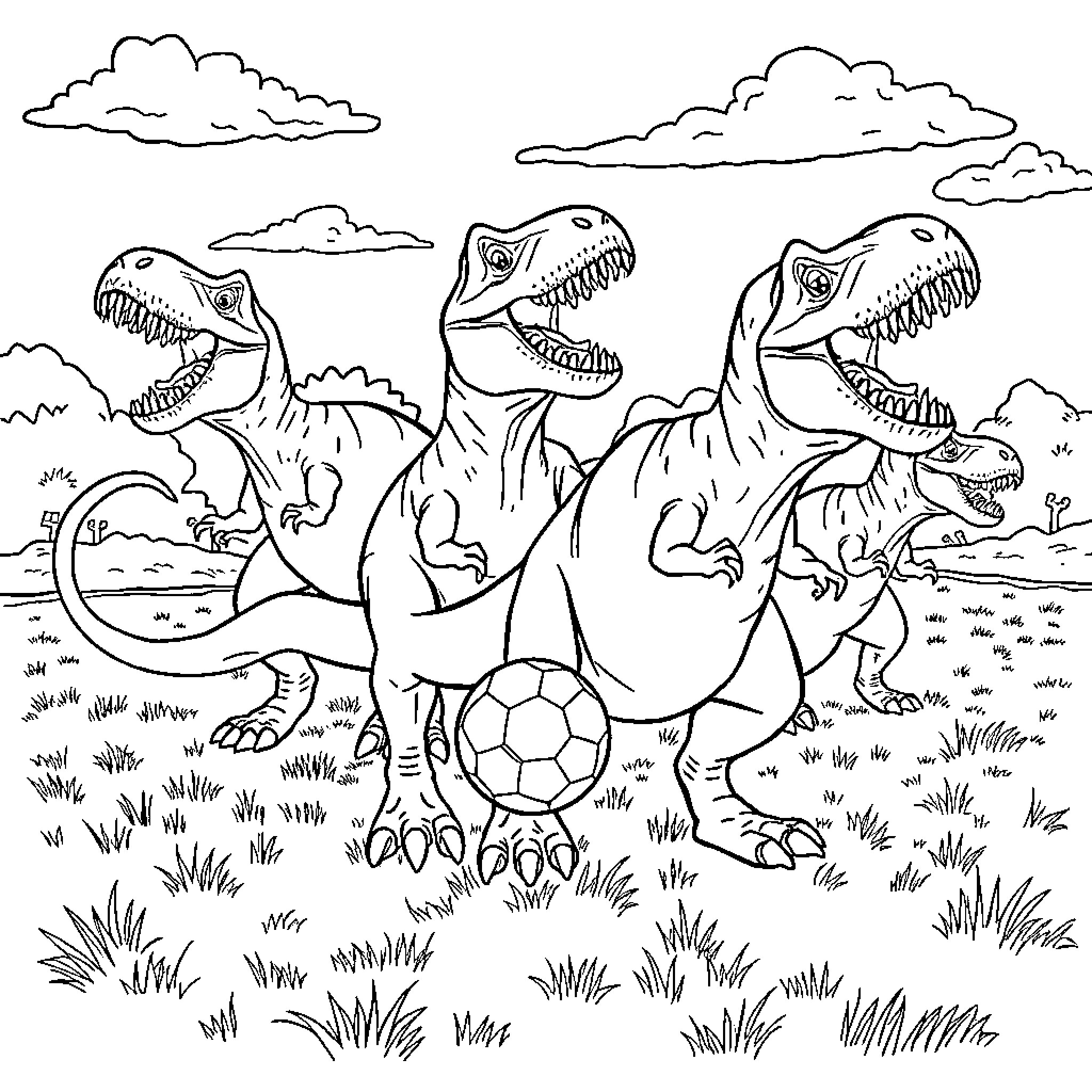 Tyrannosaurus Rex Dinosaurs Playing Soccer Coloring Page (free black-and-white line drawing printable PDF for all, from beginners to advanced learners, including children, teens, adults, and seniors)