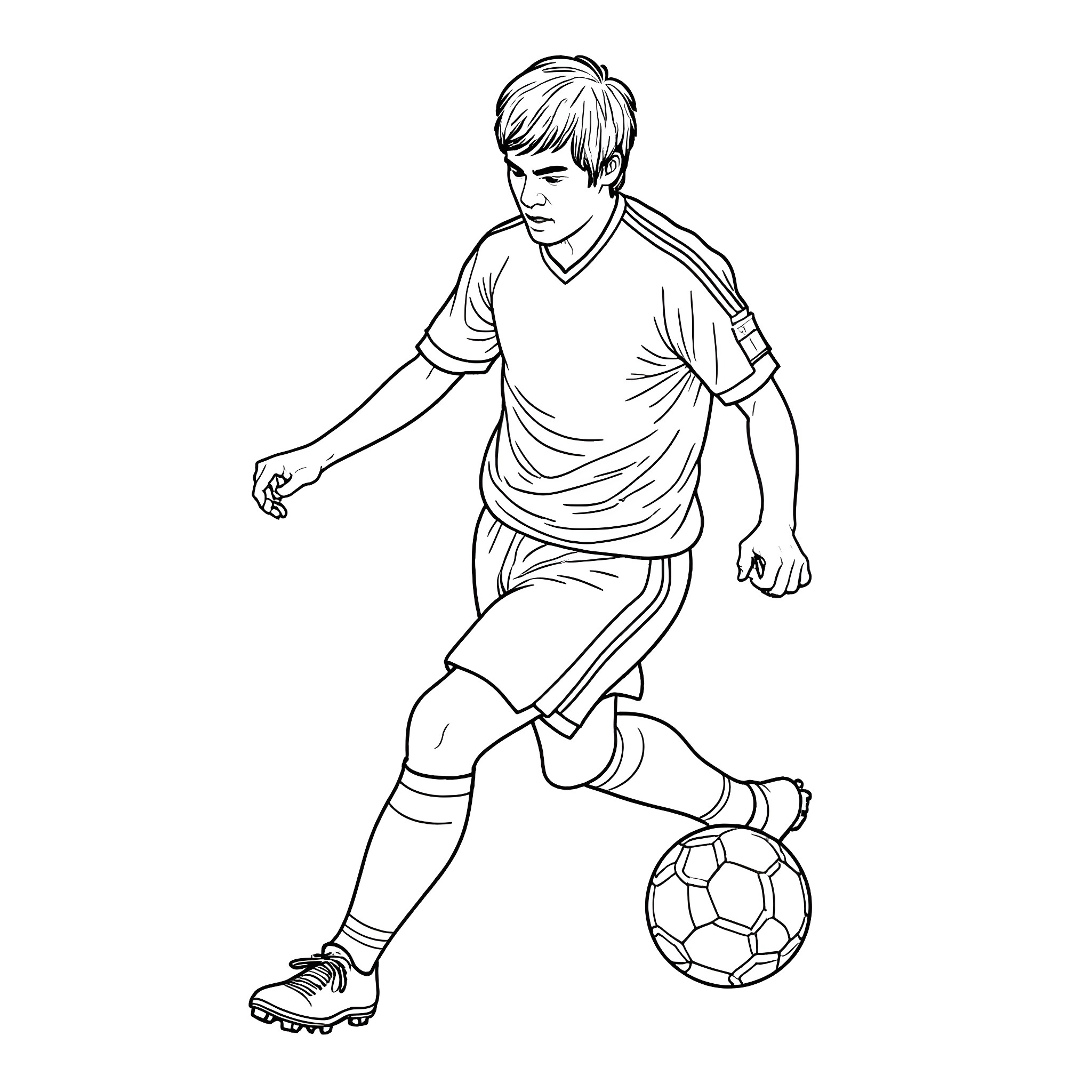 Bruce Lee playing soccer with intense focus Coloring Page (free black-and-white line drawing printable PDF for all, from beginners to advanced learners, including children, teens, adults, and seniors)