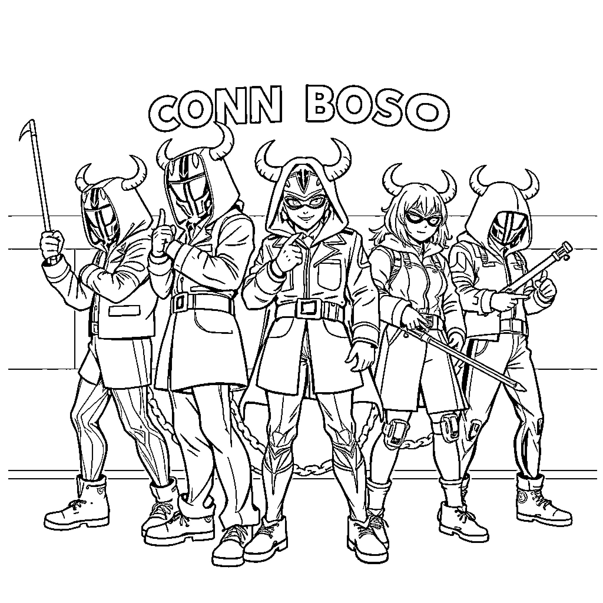 Demon Hunters in Action-Packed Attire Coloring Page (free black-and-white line drawing printable PDF for all, from beginners to advanced learners, including children, teens, adults, and seniors)