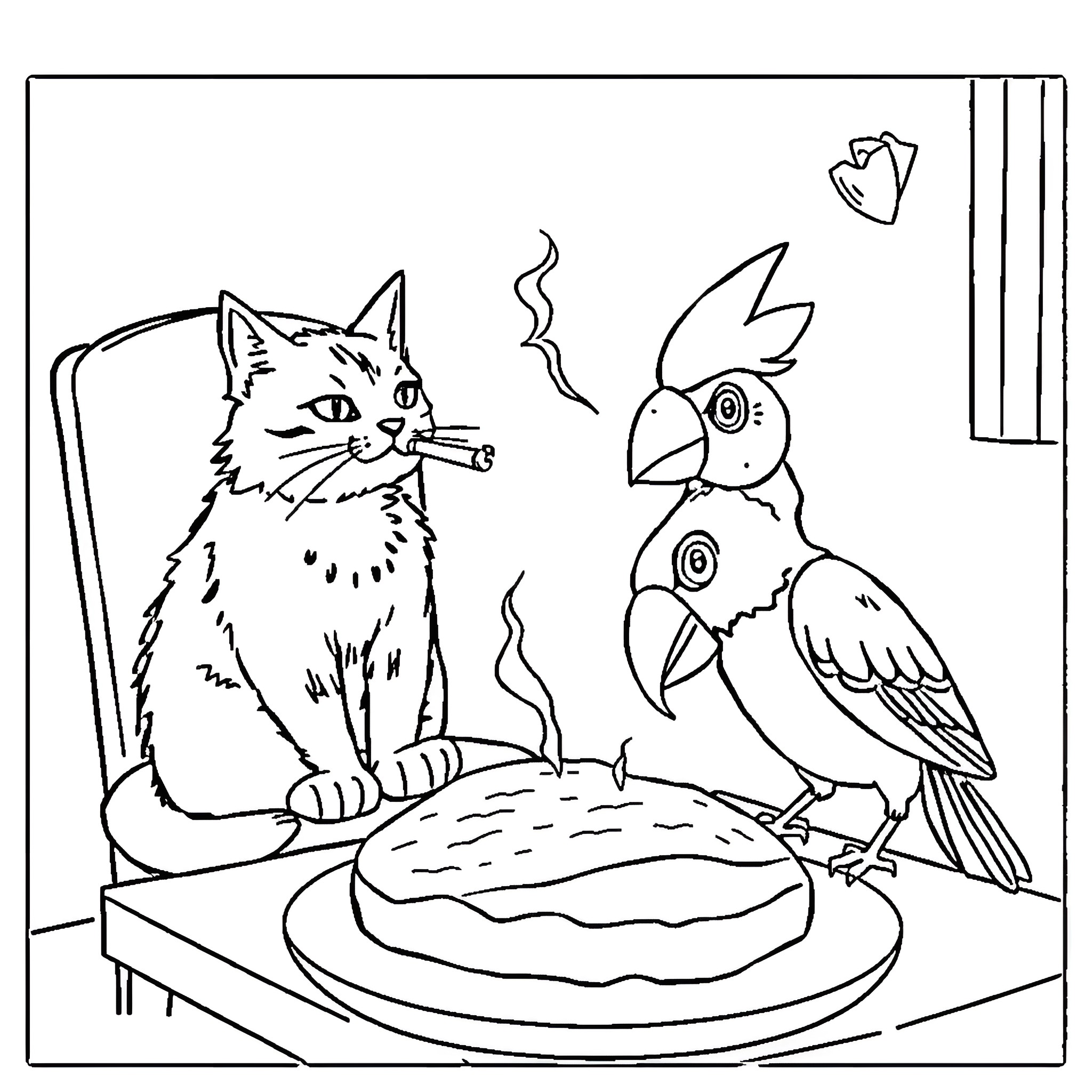 Cat and parrot share a meal Coloring Page (free black-and-white line drawing printable PDF for all, from beginners to advanced learners, including children, teens, adults, and seniors)