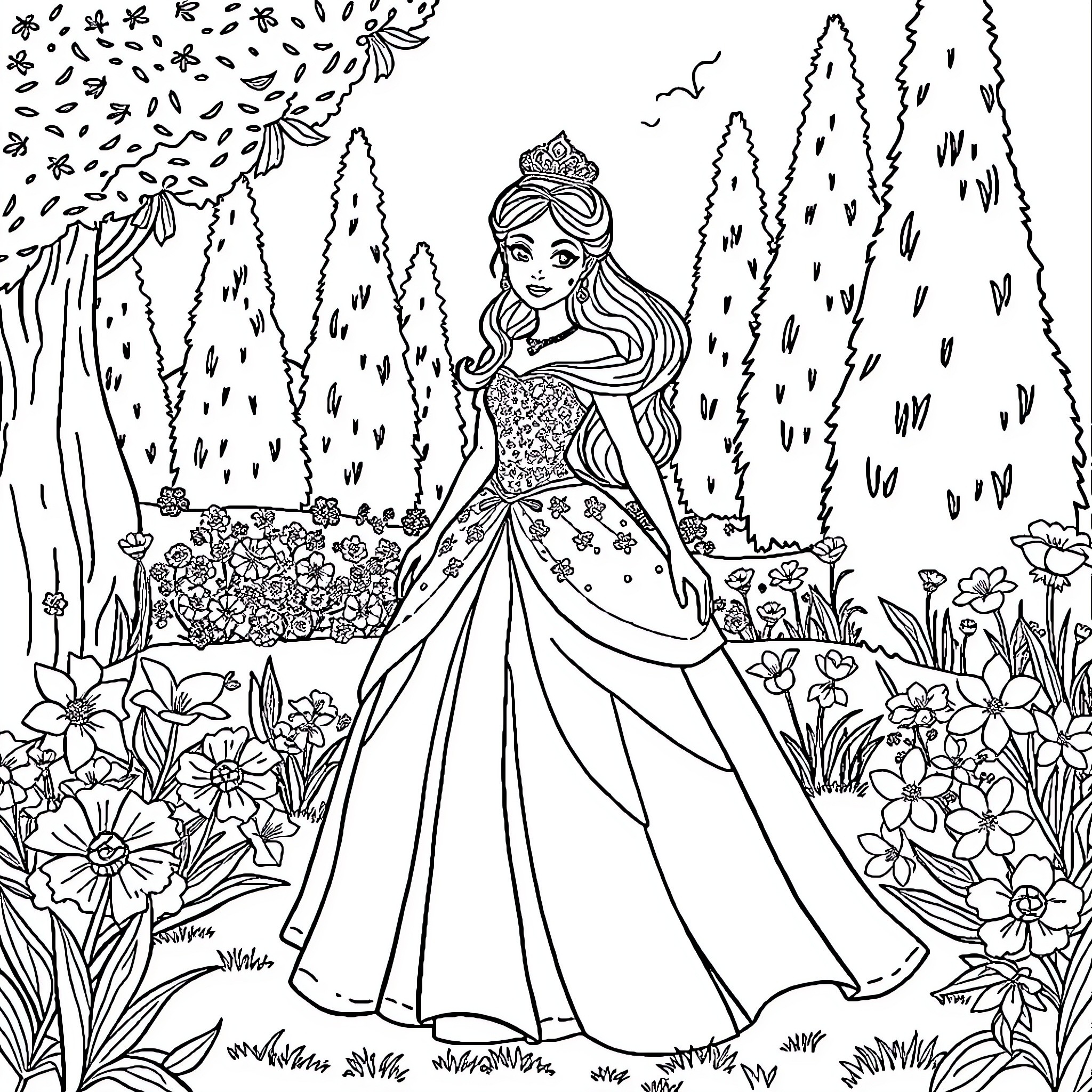Princess in a Magical Forest Wonderland Coloring Page (free black-and-white line drawing printable PDF for all, from beginners to advanced learners, including children, teens, adults, and seniors)