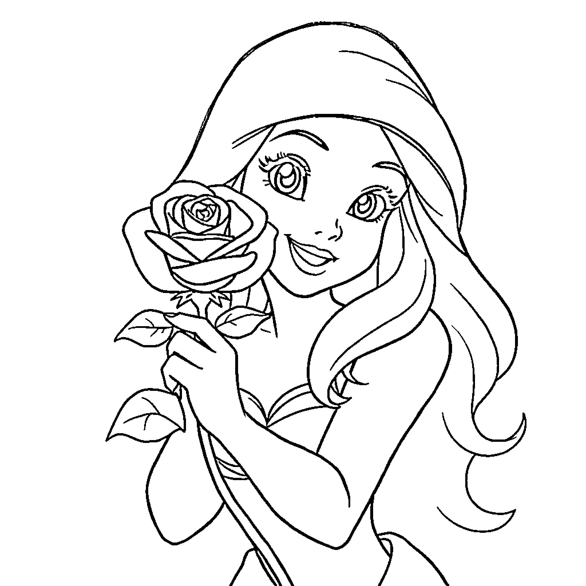 Ariel holding a beautiful rose Coloring Page (free black-and-white line drawing printable PDF for all, from beginners to advanced learners, including children, teens, adults, and seniors)