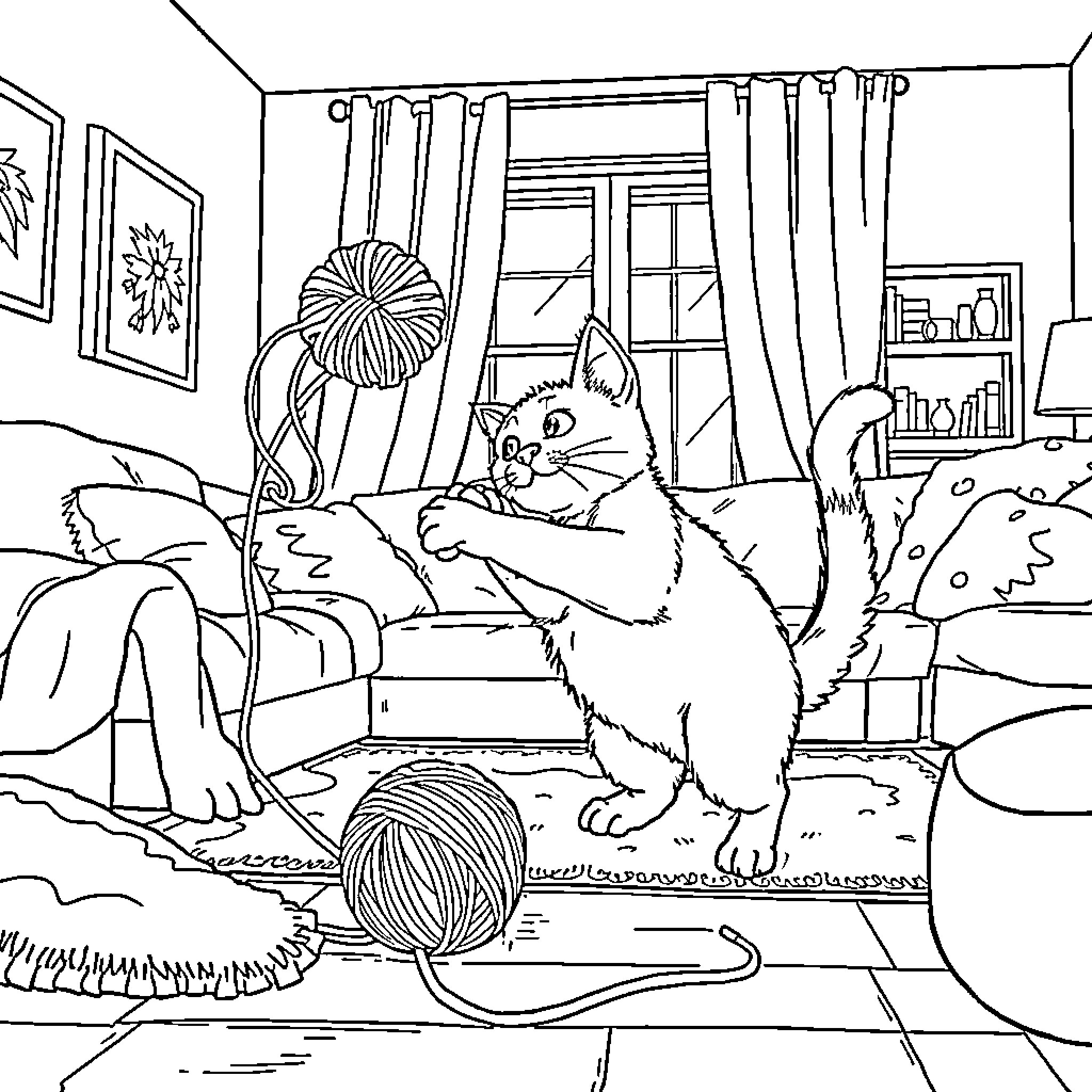 Cat lounging on cozy home interior Coloring Page (free black-and-white line drawing printable PDF for all, from beginners to advanced learners, including children, teens, adults, and seniors)