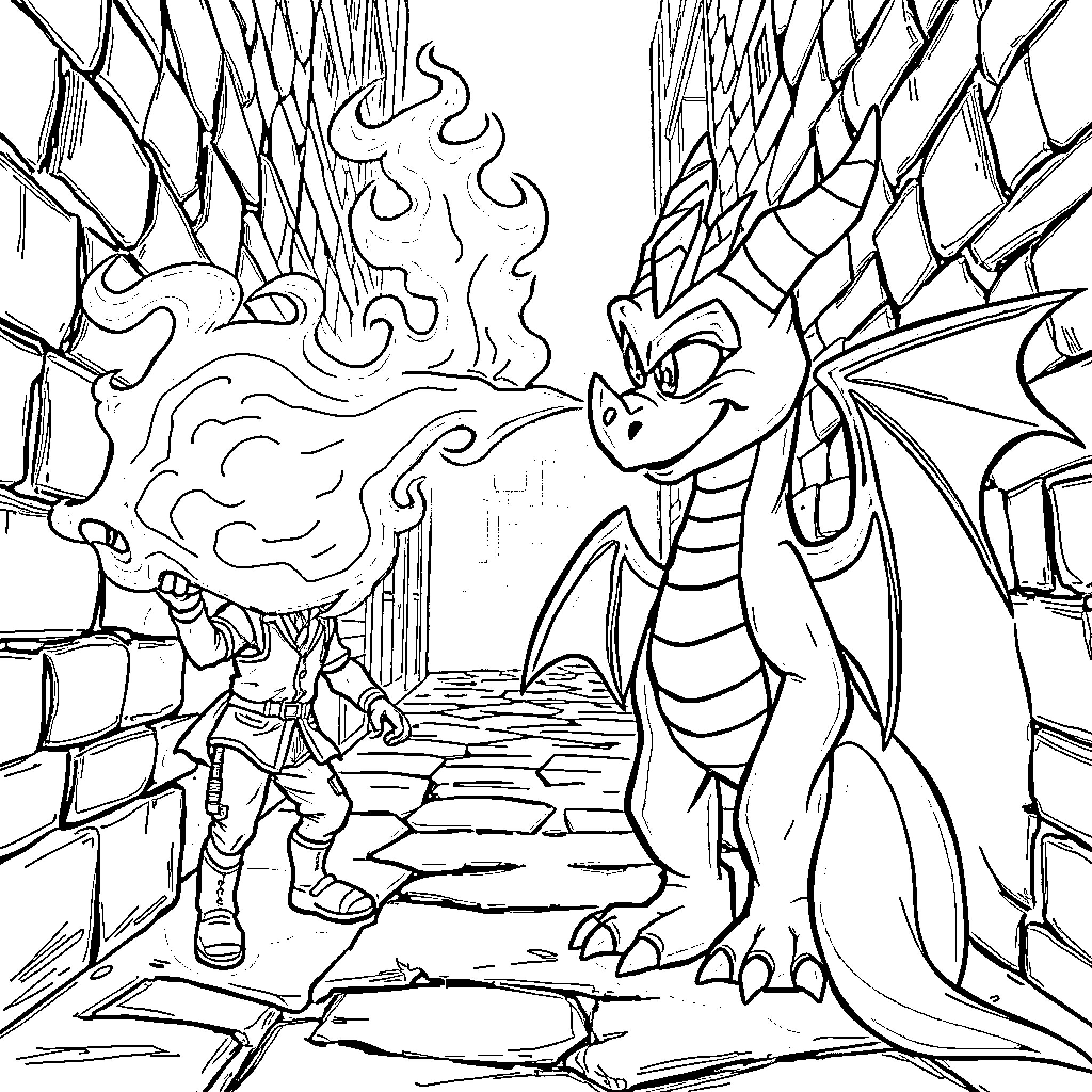 Spyro facing a fierce dragon in a fantasy realm Coloring Page (free black-and-white line drawing printable PDF for all, from beginners to advanced learners, including children, teens, adults, and seniors)