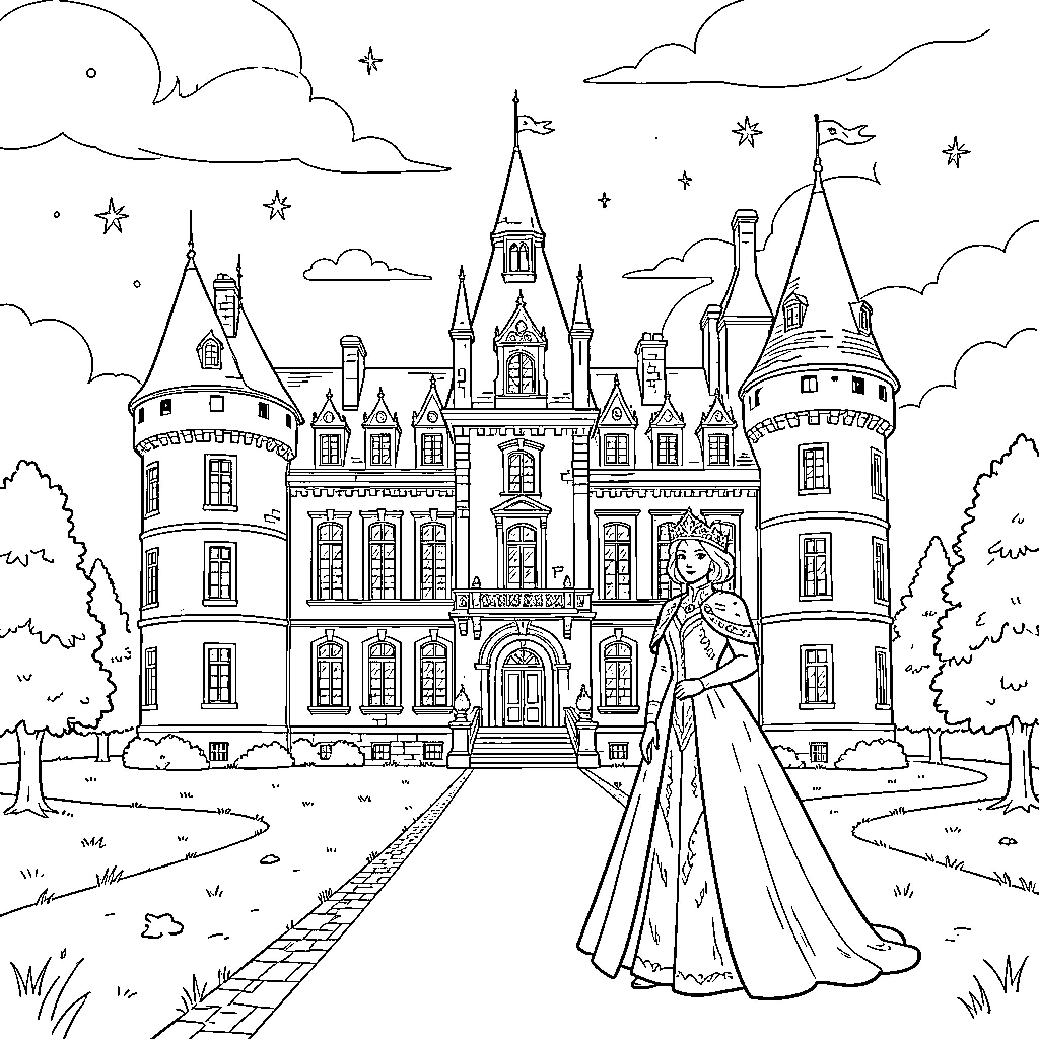 Snow Queen standing gracefully before a majestic castle Coloring Page (free black-and-white line drawing printable PDF for all, from beginners to advanced learners, including children, teens, adults, and seniors)