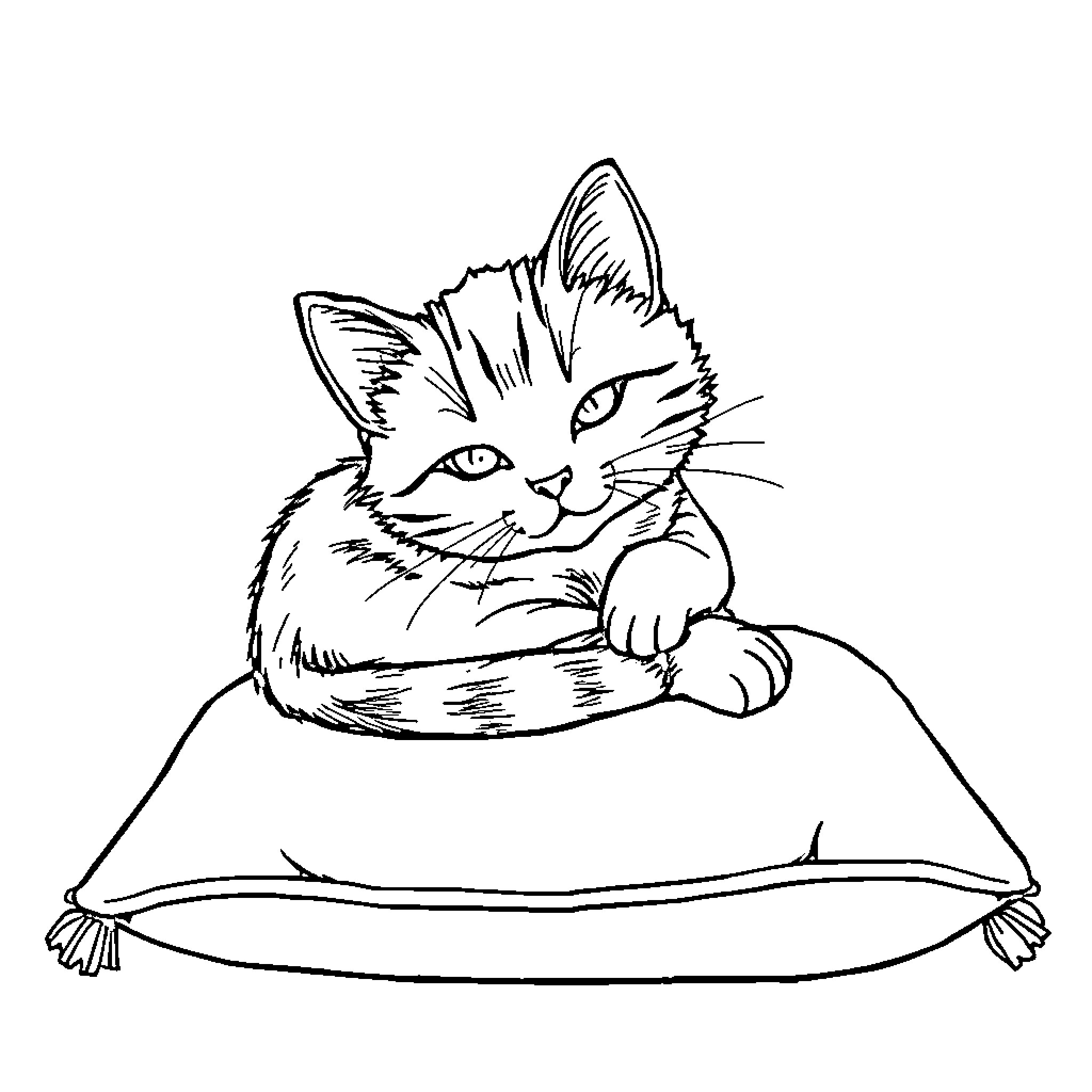 Cat relaxing comfortably on a pillow Coloring Page (free black-and-white line drawing printable PDF for all, from beginners to advanced learners, including children, teens, adults, and seniors)