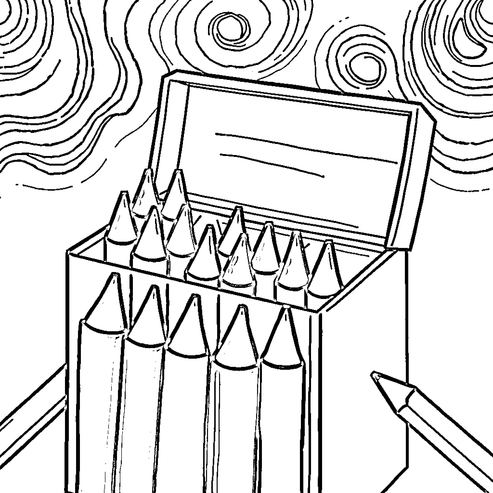 Crayon box with artistic pencils Coloring Page (free black-and-white line drawing printable PDF for all, from beginners to advanced learners, including children, teens, adults, and seniors)