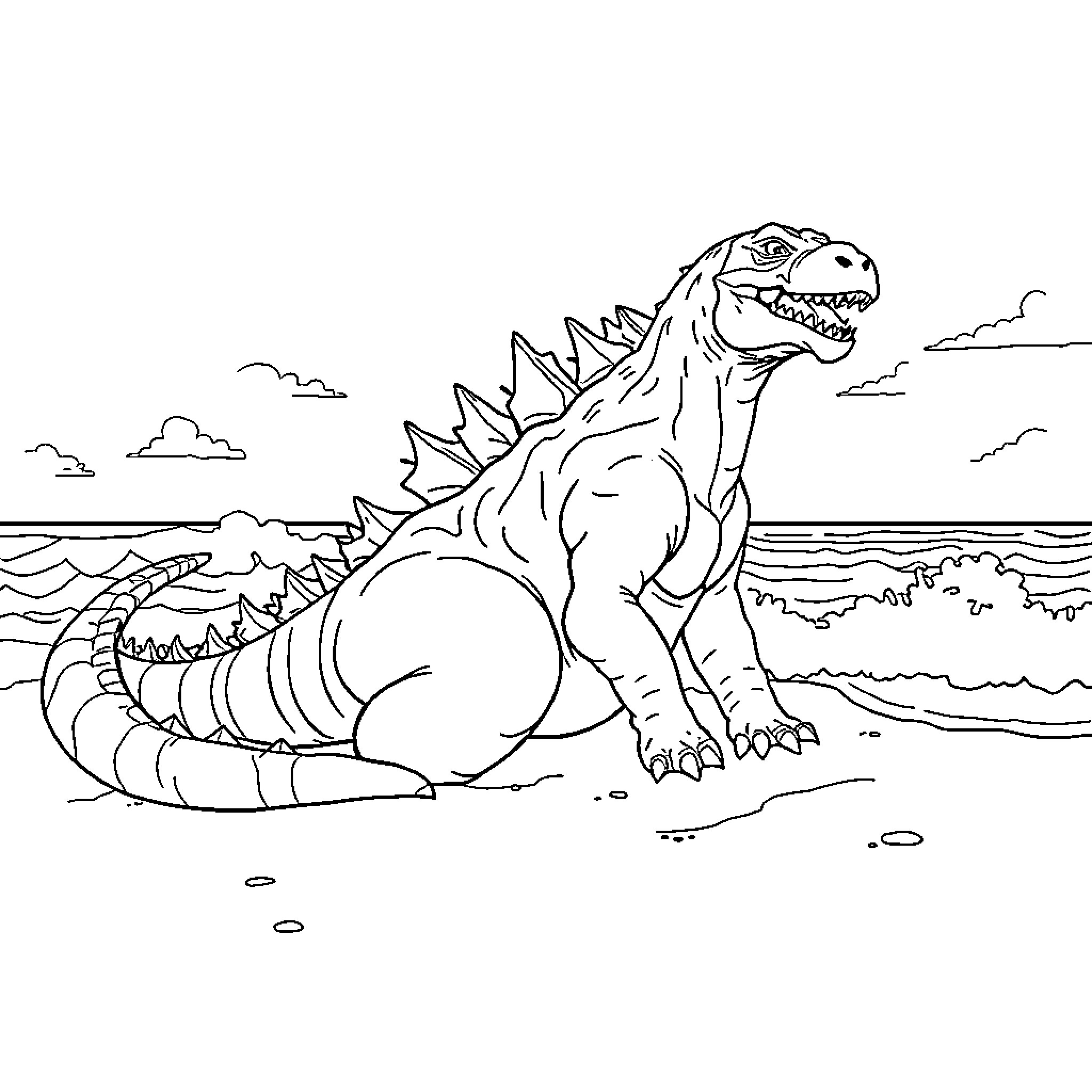 Godzilla stomping through the ocean Coloring Page (free black-and-white line drawing printable PDF for all, from beginners to advanced learners, including children, teens, adults, and seniors)