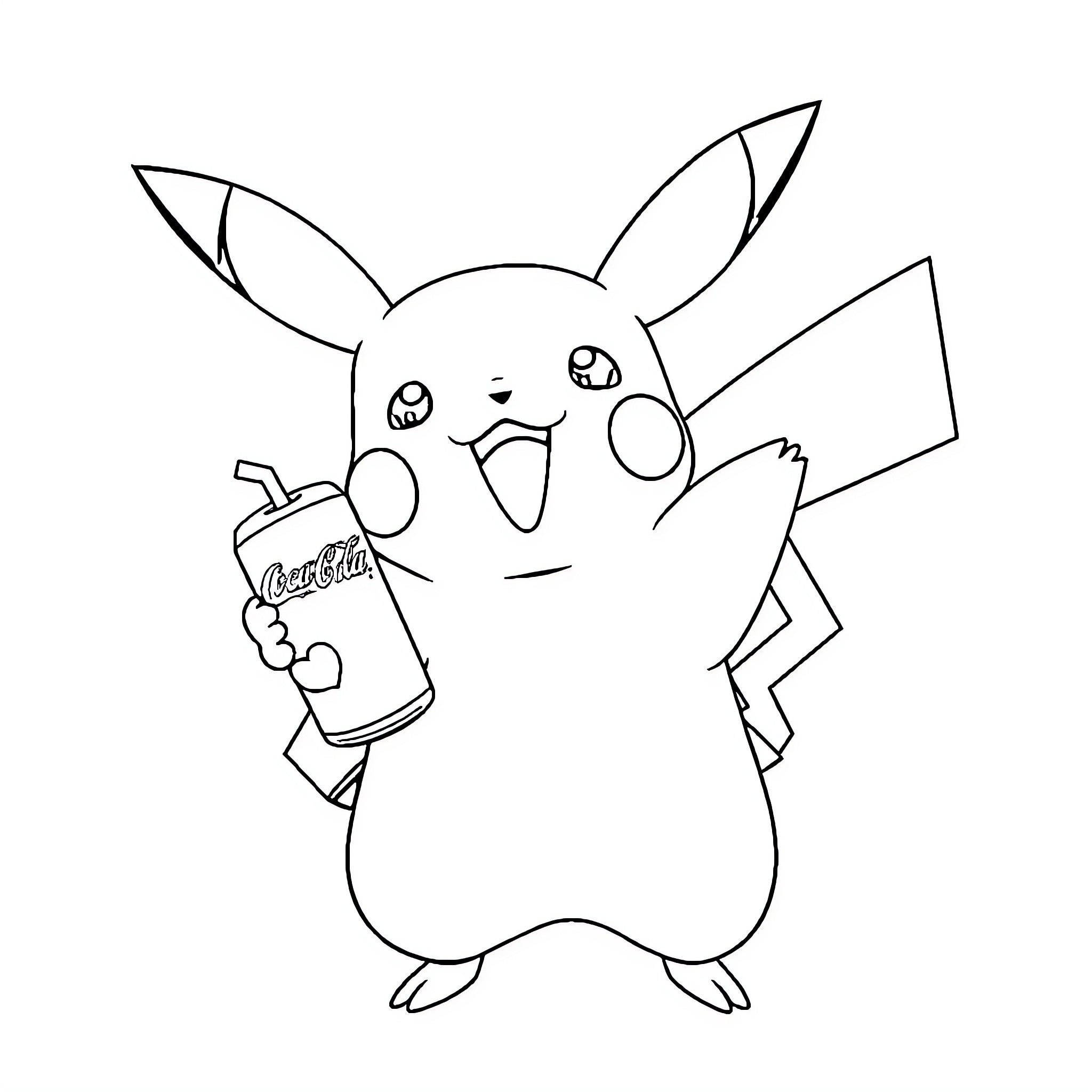 Pikachu enjoying a refreshing drink Coloring Page (free black-and-white line drawing printable PDF for all, from beginners to advanced learners, including children, teens, adults, and seniors)