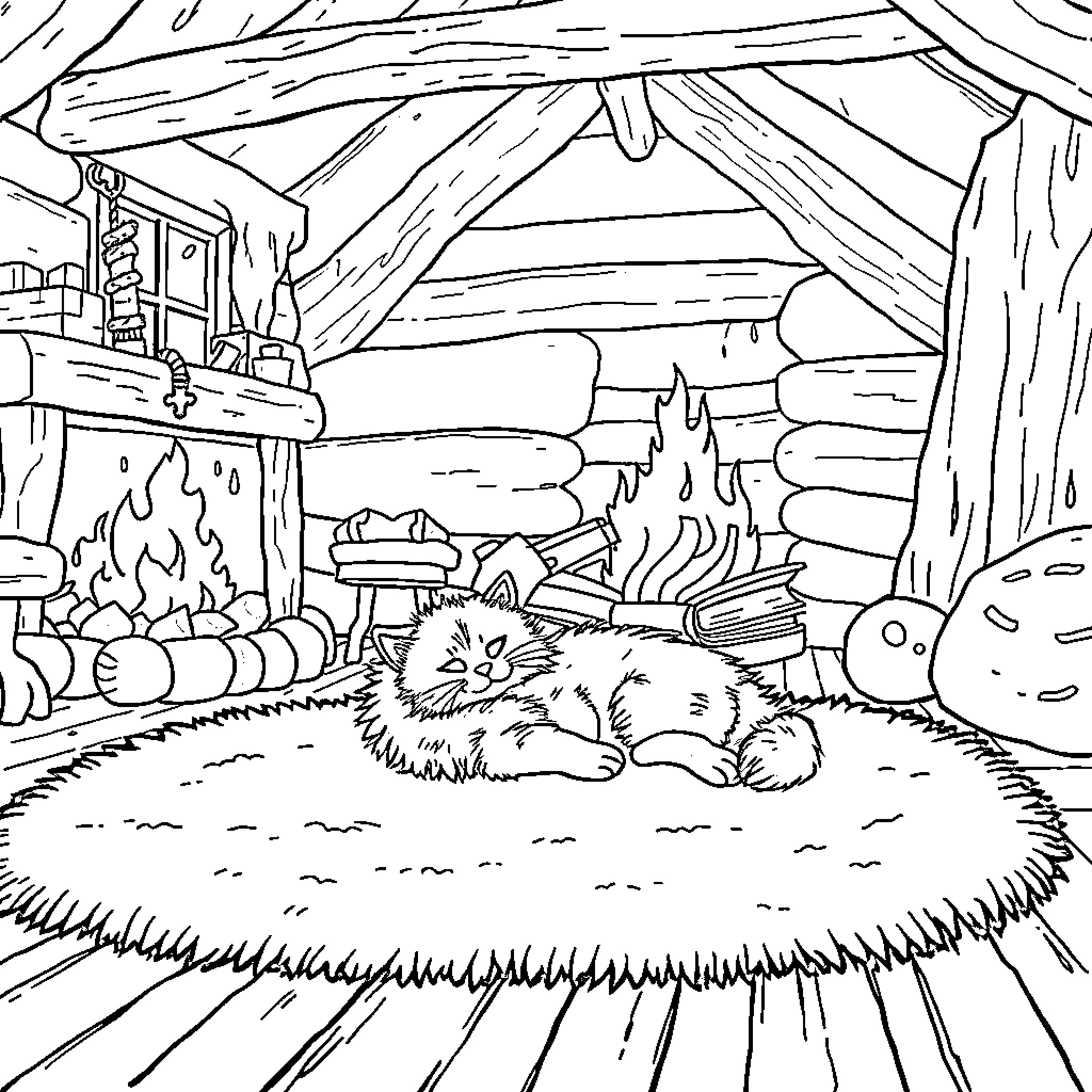 Cat relaxing in cozy cabin Coloring Page (free black-and-white line drawing printable PDF for all, from beginners to advanced learners, including children, teens, adults, and seniors)